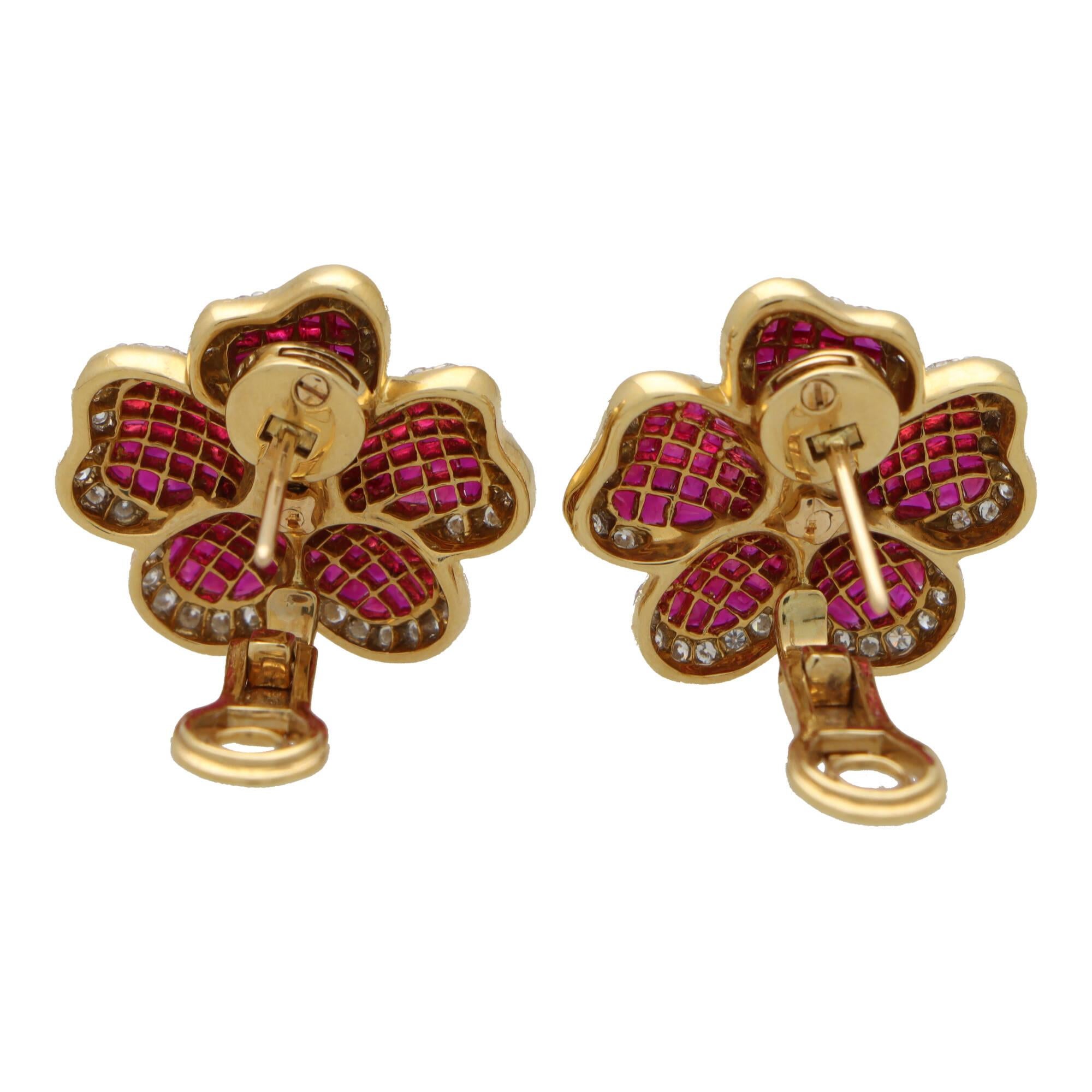 Women's or Men's Ruby and Diamond Floral Motif Cluster Earrings Set in 18k Yellow Gold For Sale