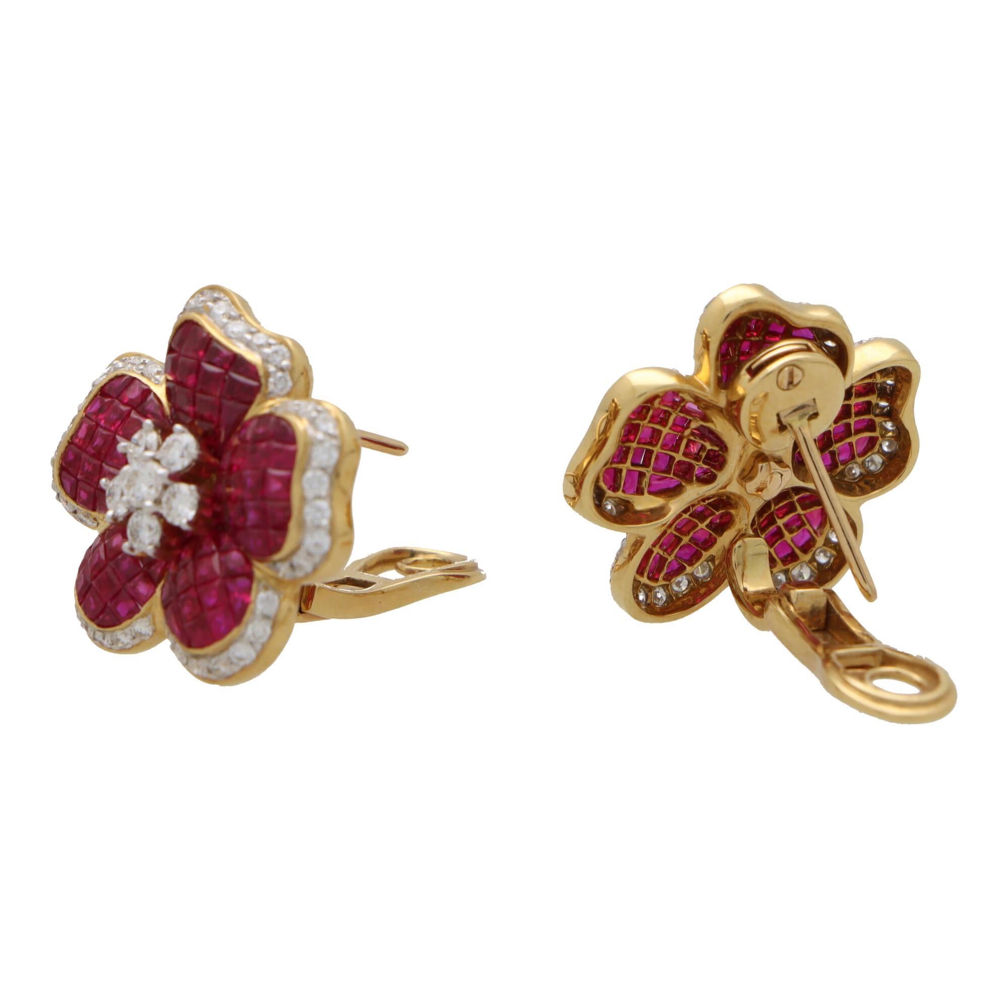 Ruby and Diamond Floral Motif Cluster Earrings Set in 18k Yellow Gold For Sale 1