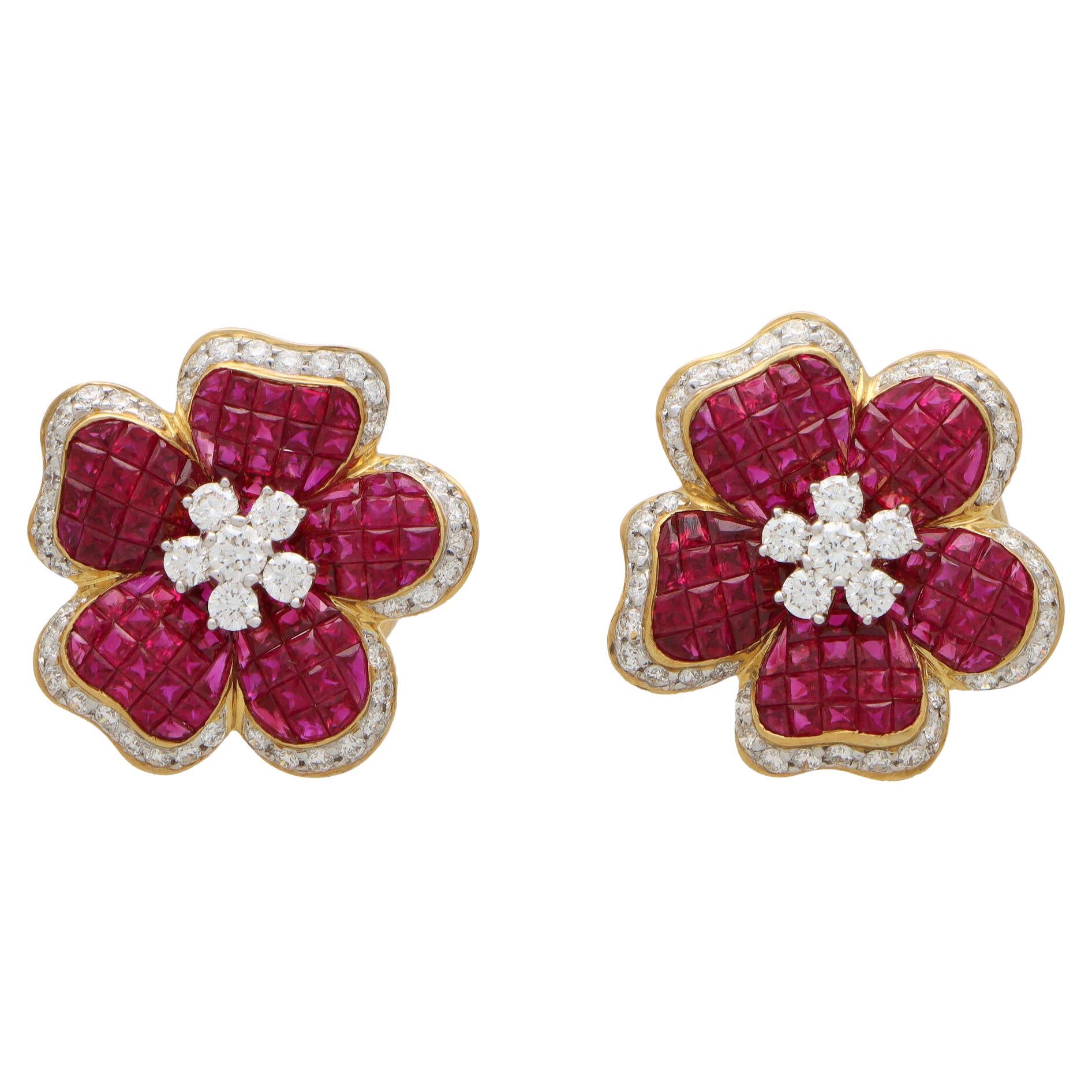 Ruby and Diamond Floral Motif Cluster Earrings Set in 18k Yellow Gold For Sale