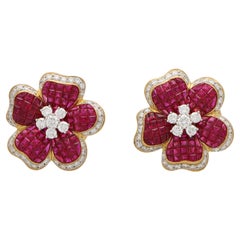 Ruby and Diamond Floral Motif Cluster Earrings Set in 18k Yellow Gold
