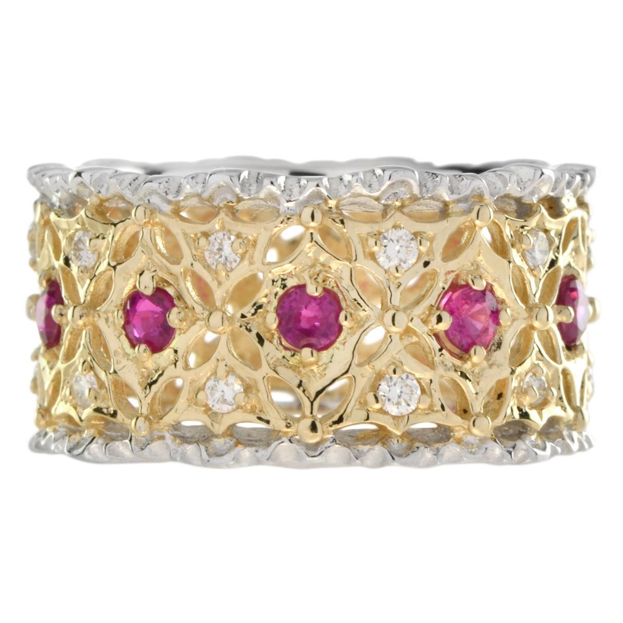Breites Band mit Rubin- und Diamantmotiv aus 18 Karat zweifarbigem Gold mit Blumenmotiv ()