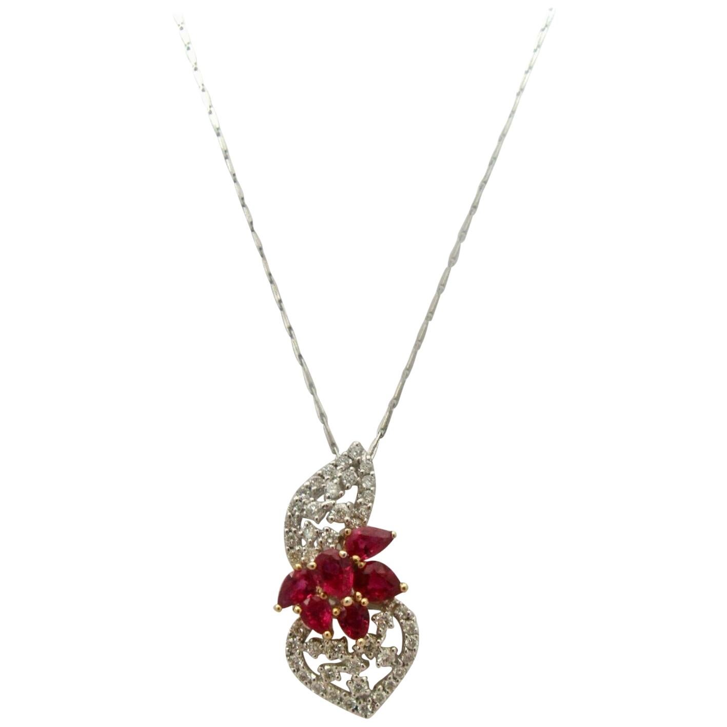 Ruby and Diamond Floral Drop Pendant 18 Karat For Sale
