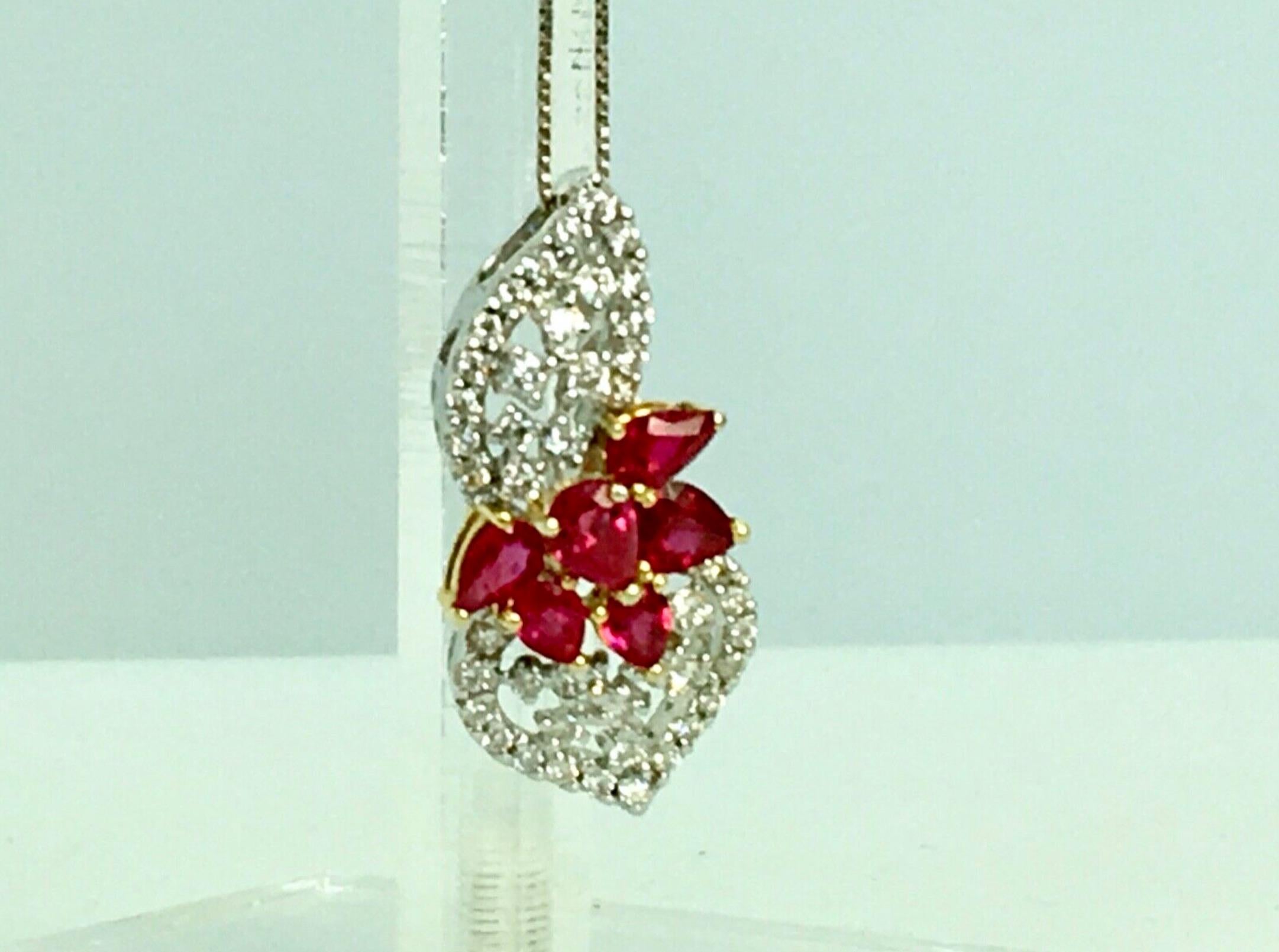 Women's Ruby and Diamond Floral Drop Pendant 18 Karat For Sale