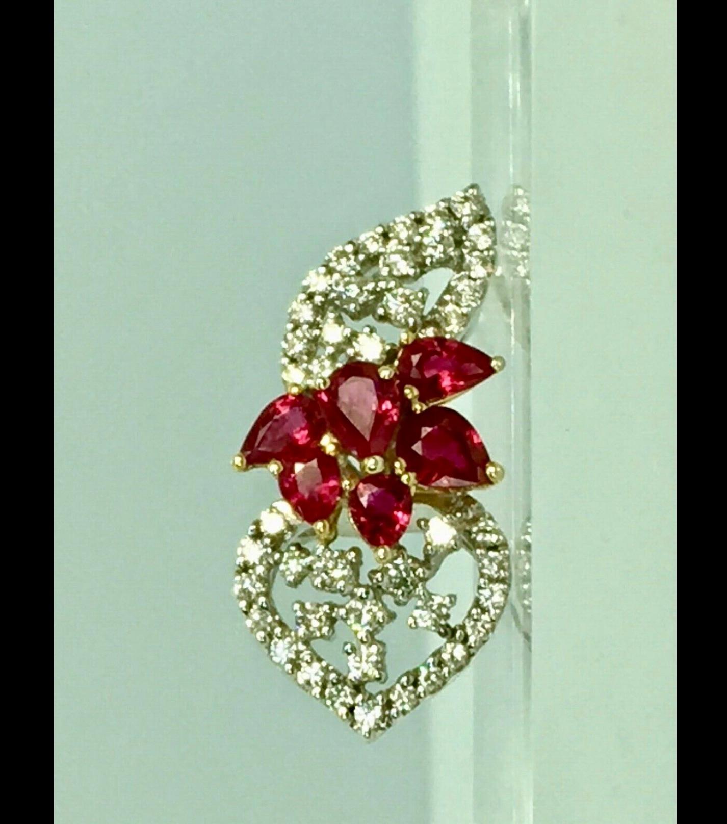 Ruby and Diamond Floral Drop Pendant 18 Karat For Sale 3