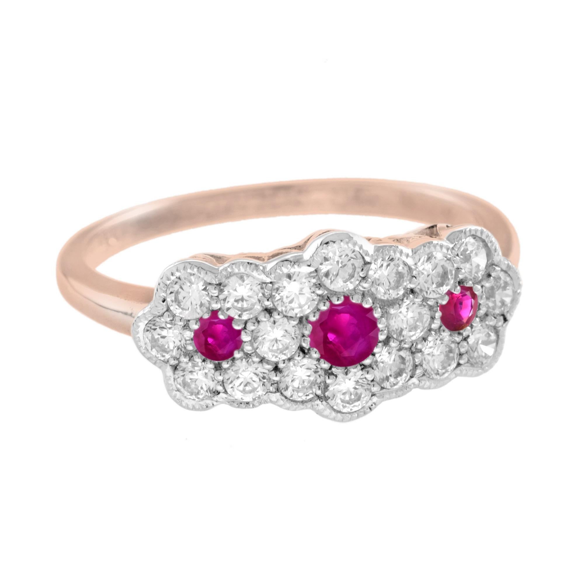 For Sale:  Ruby and Diamond Floral Three Stone Ring in 14K Rose Gold 2