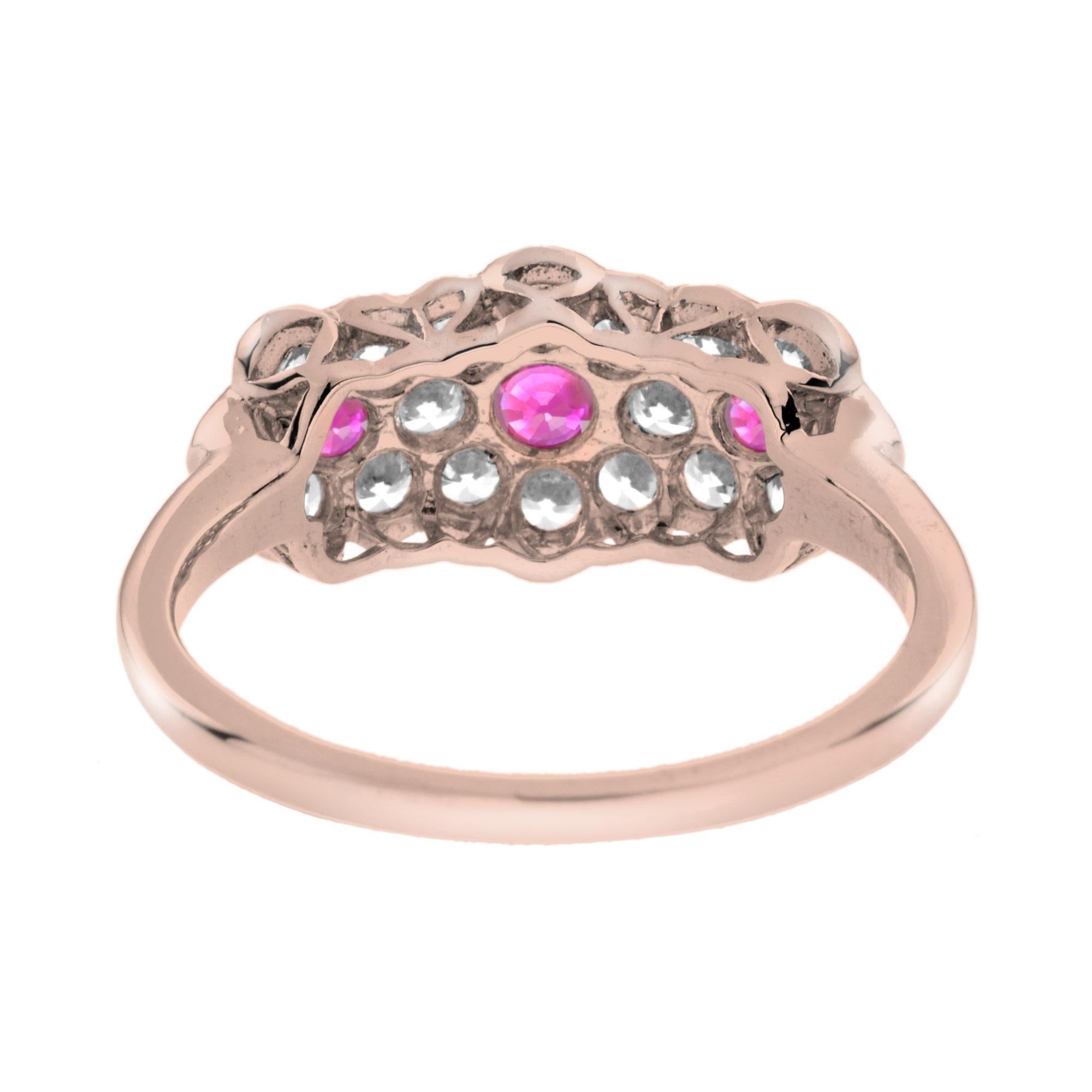 For Sale:  Ruby and Diamond Floral Three Stone Ring in 14K Rose Gold 4