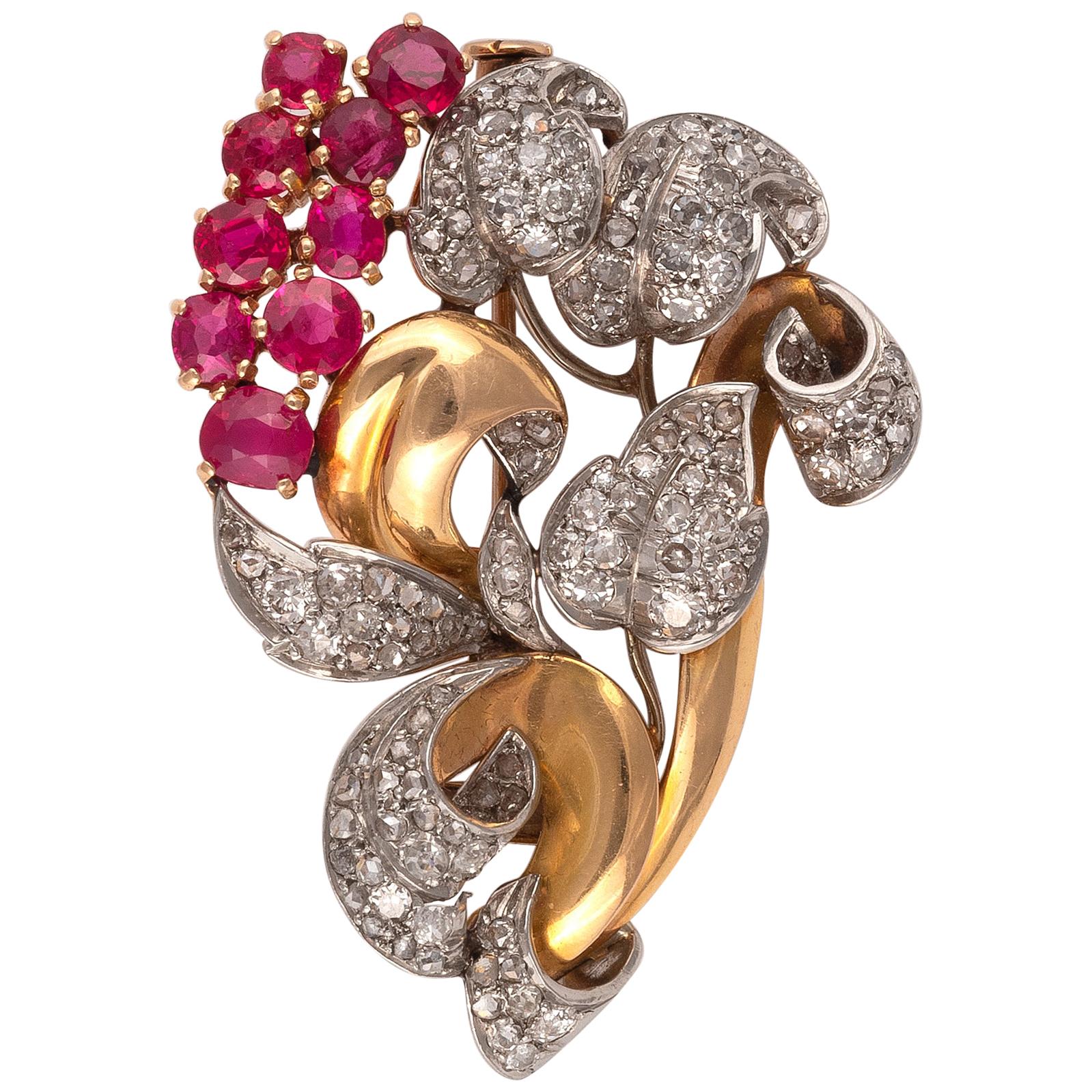 Art Deco Ruby and Diamond Flower Brooch, circa 1945 For Sale