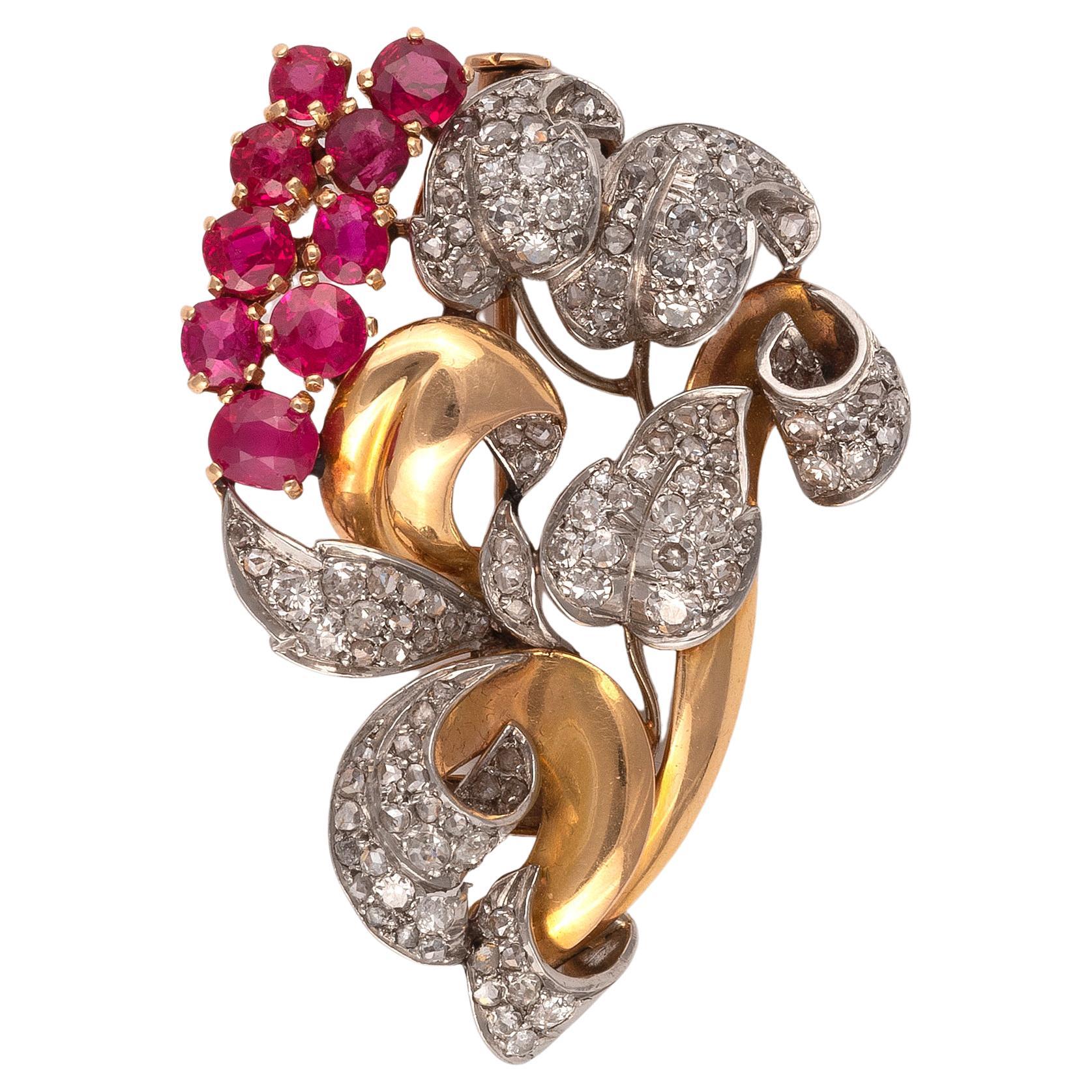 Ruby and Diamond Flower Brooch, circa 1945