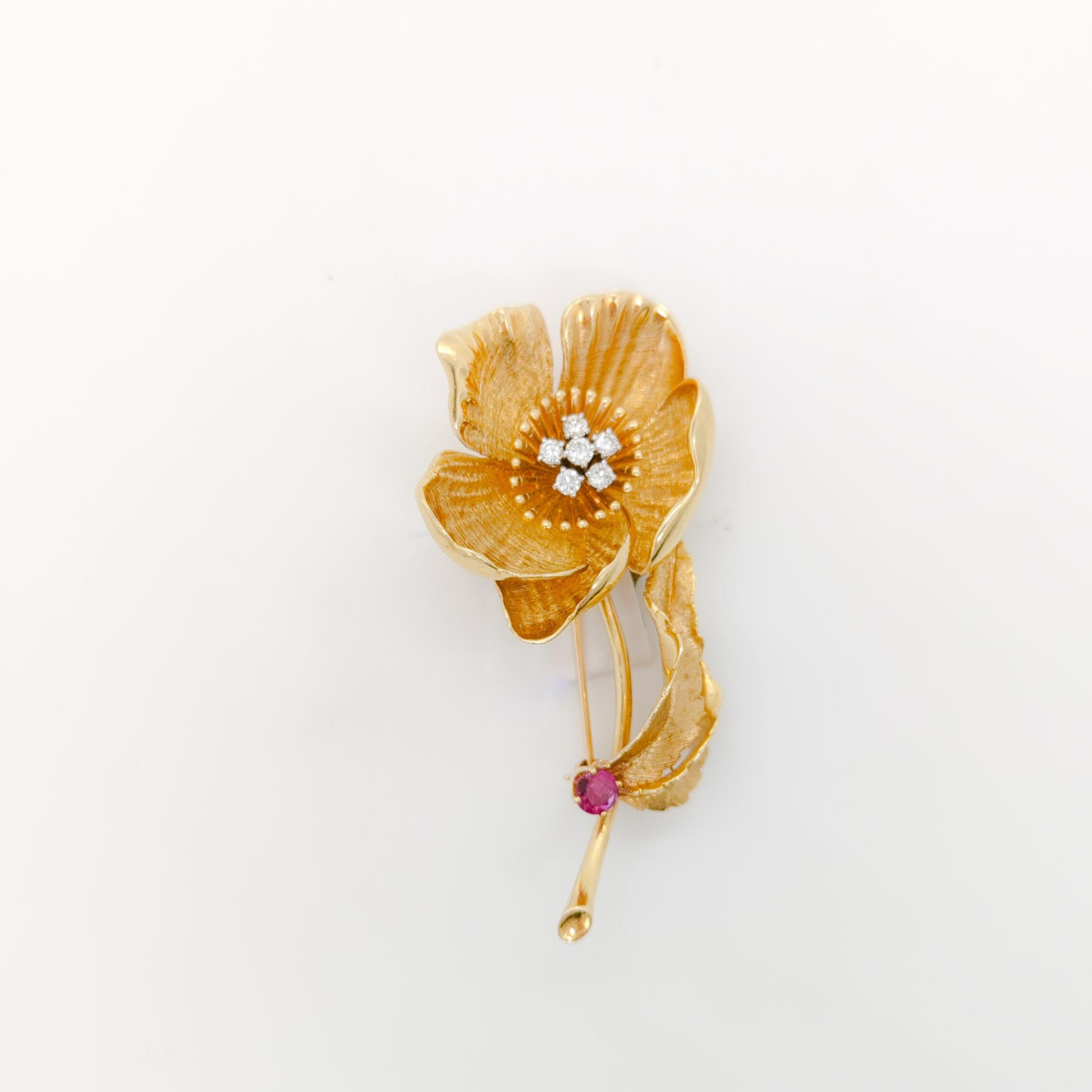 Ruby and Diamond Flower Brooch in 14Karat Yellow Gold In New Condition In Los Angeles, CA