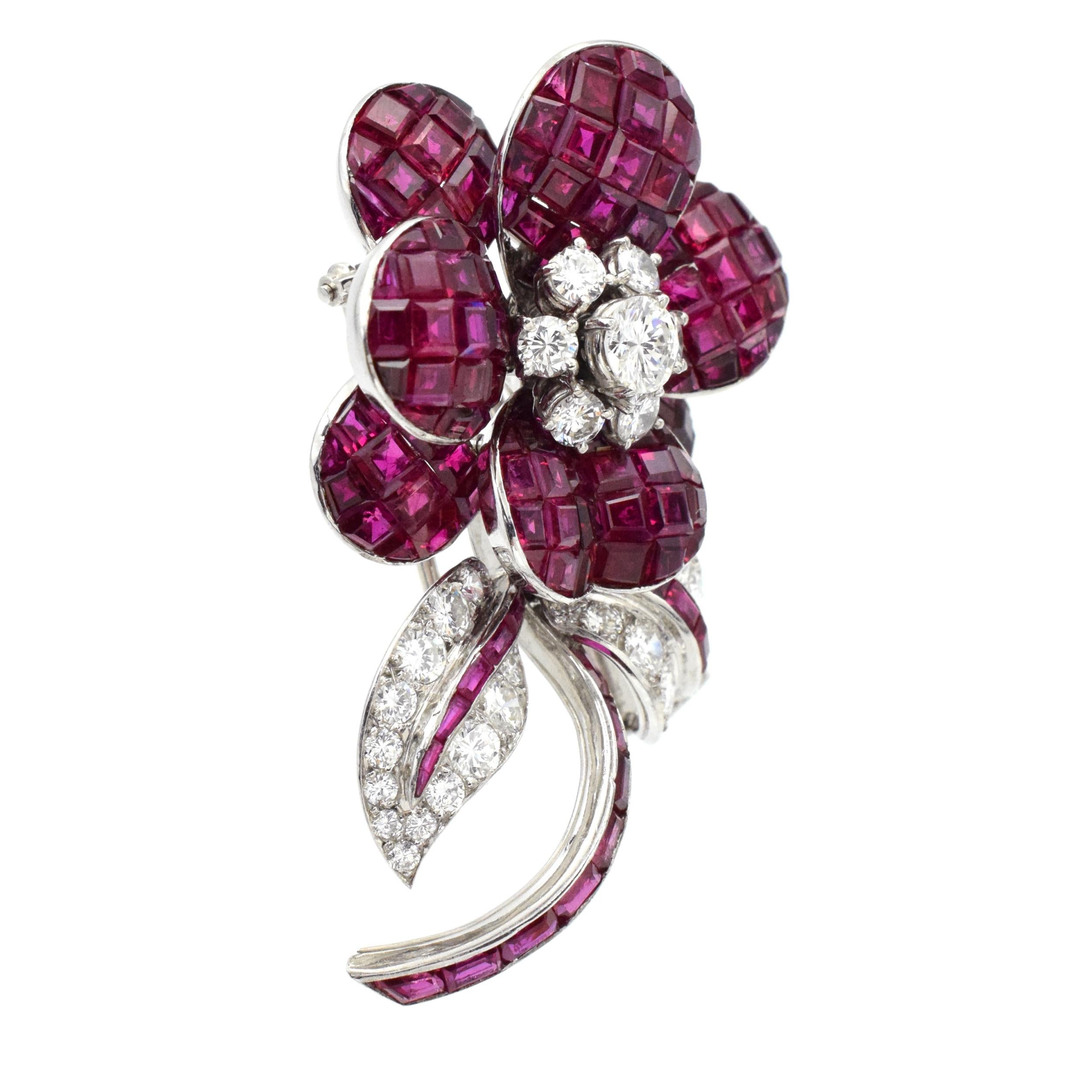 Artist Ruby and Diamond Flower Brooch Mystery-Invisibly Set Rubies For Sale