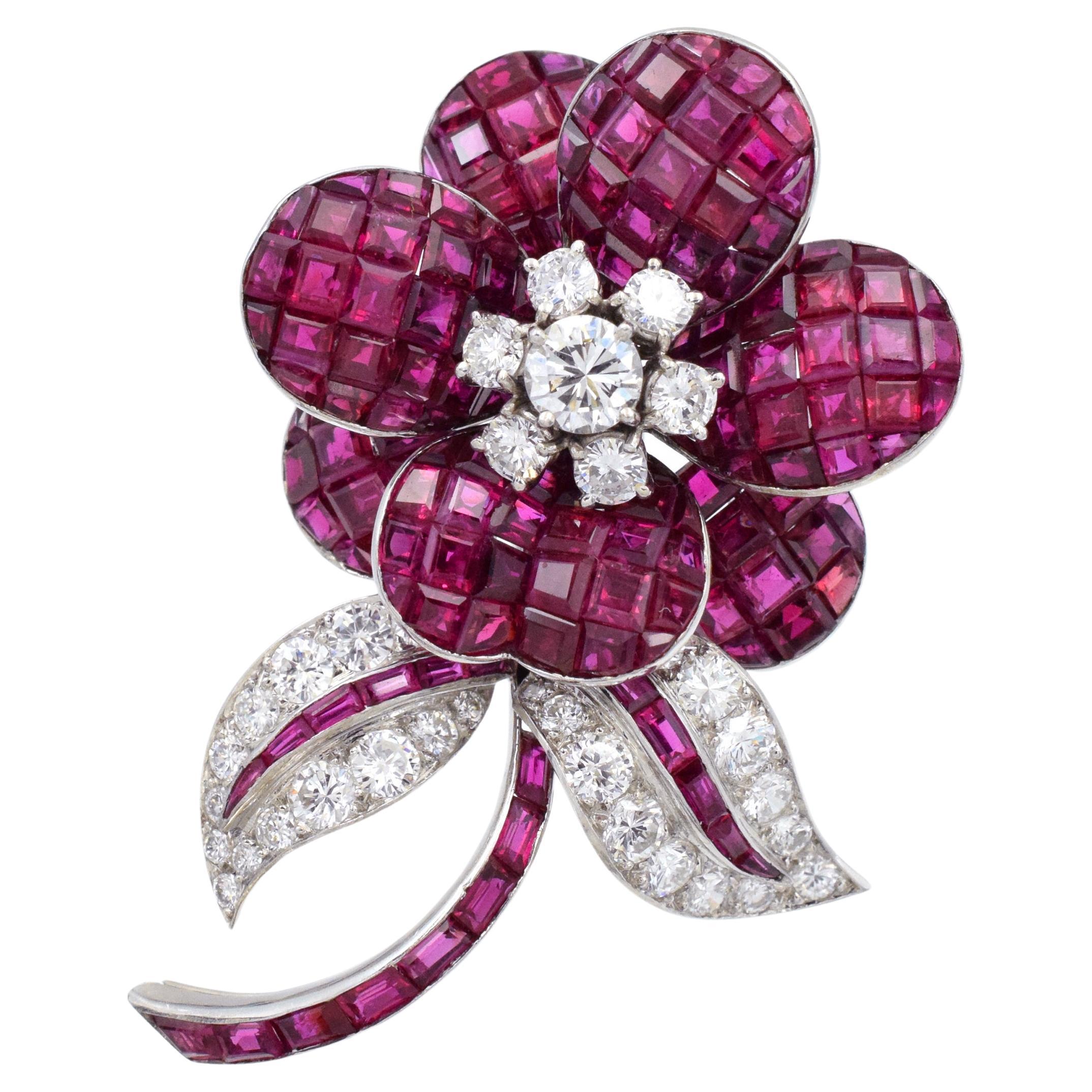 Ruby and Diamond Flower Brooch Mystery-Invisibly Set Rubies For Sale