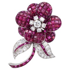 Vintage Ruby and Diamond Flower Brooch Mystery-Invisibly Set Rubies