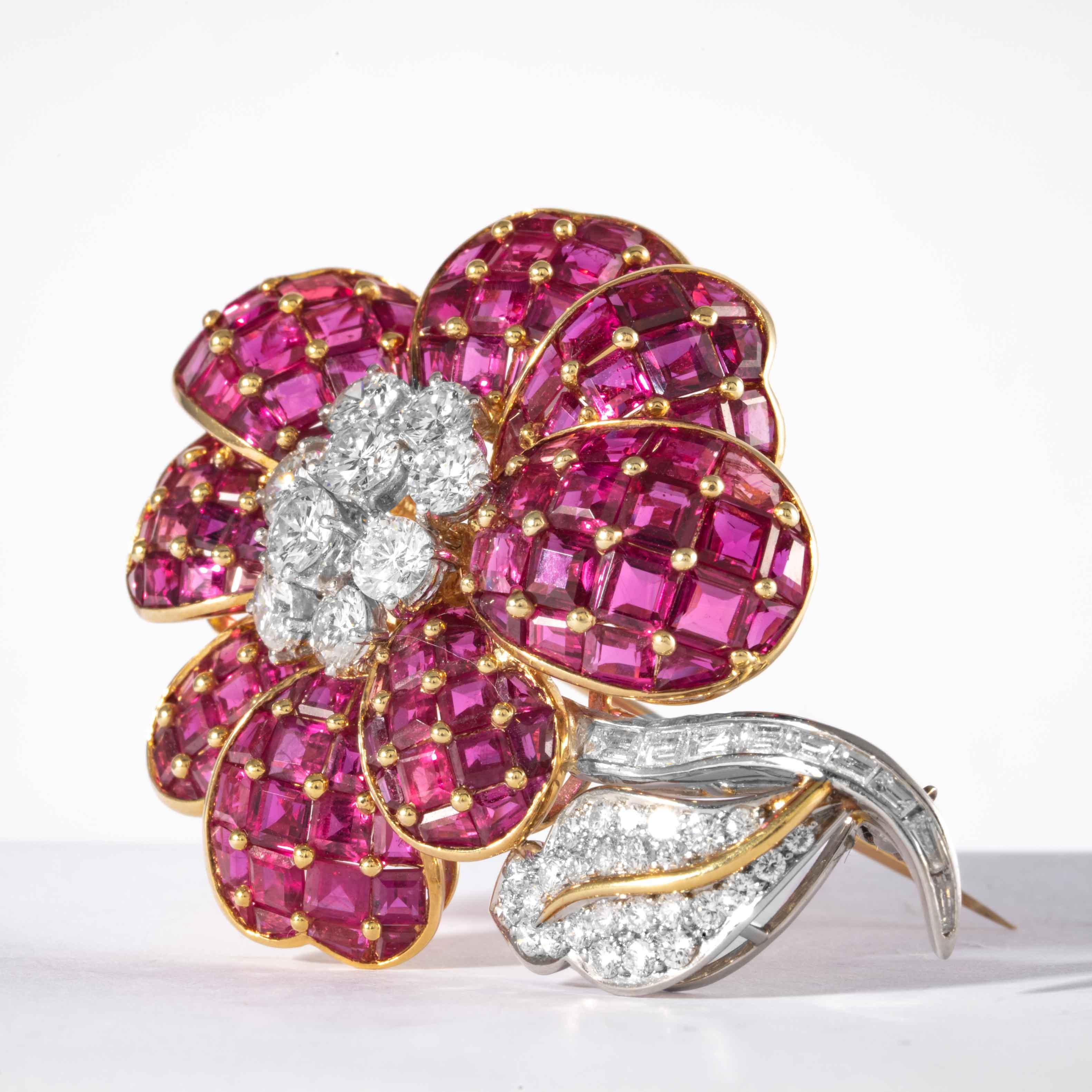 Brilliant Cut Ruby and Diamond Flower Brooch, Signed Oscar Heyman Brothers For Sale