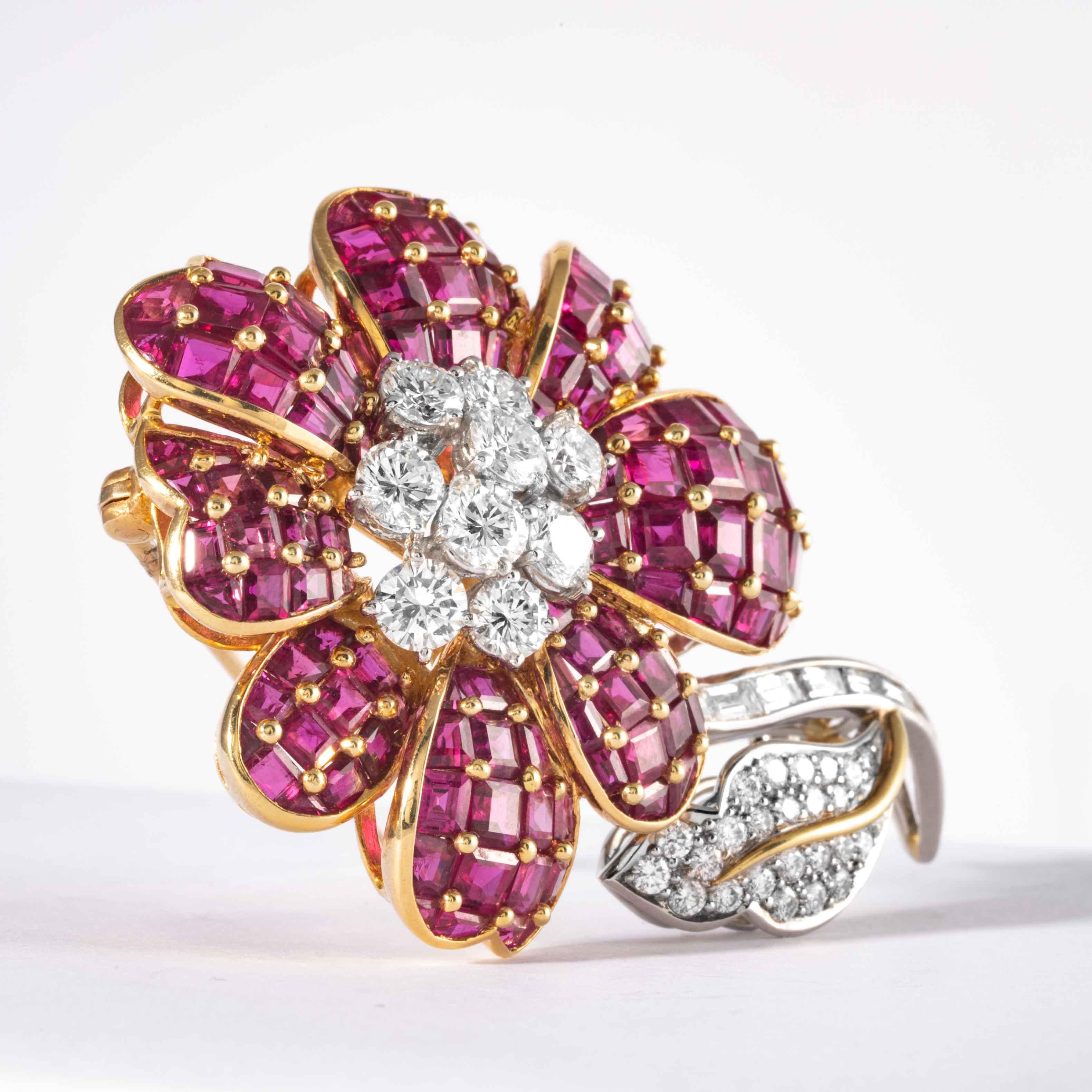 Ruby and Diamond Flower Brooch, Signed Oscar Heyman Brothers In Excellent Condition For Sale In Boston, MA