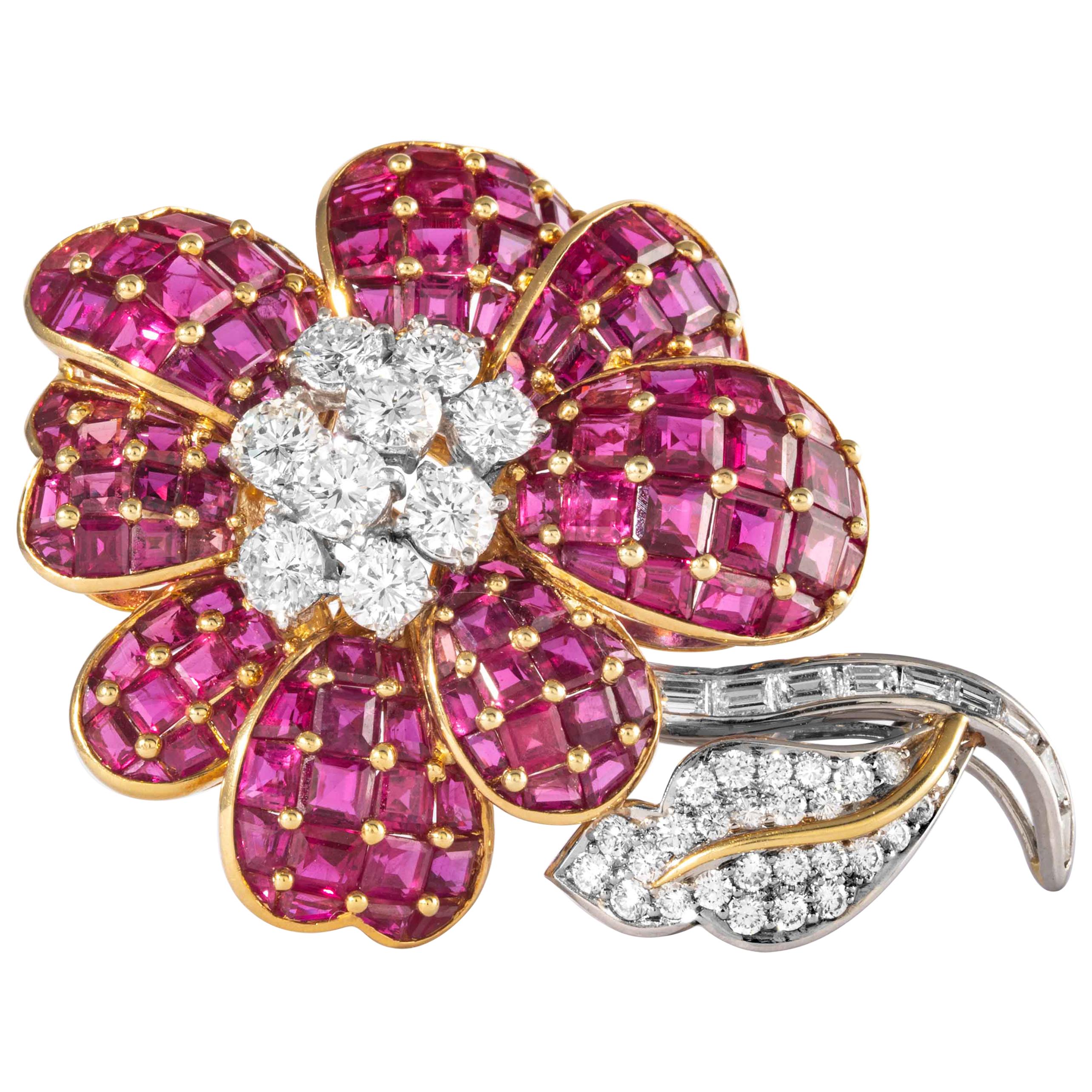Ruby and Diamond Flower Brooch, Signed Oscar Heyman Brothers For Sale