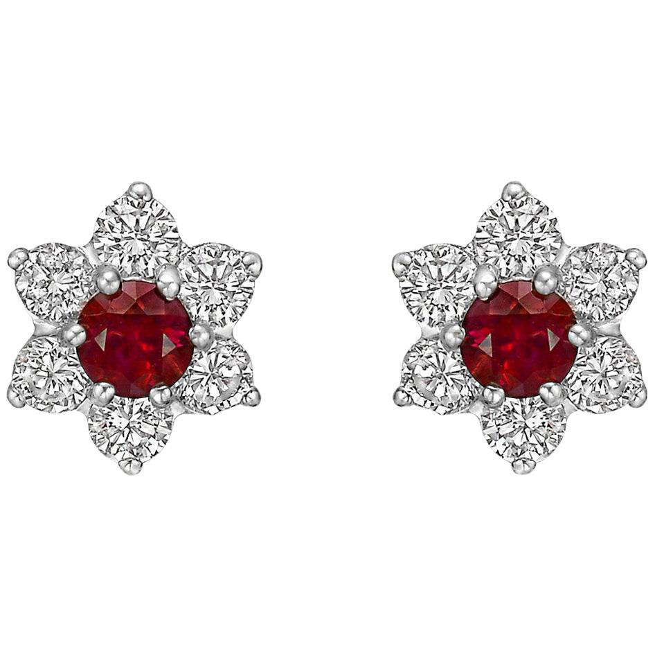 Ruby and Diamond Flower Cluster Stud Earrings For Sale