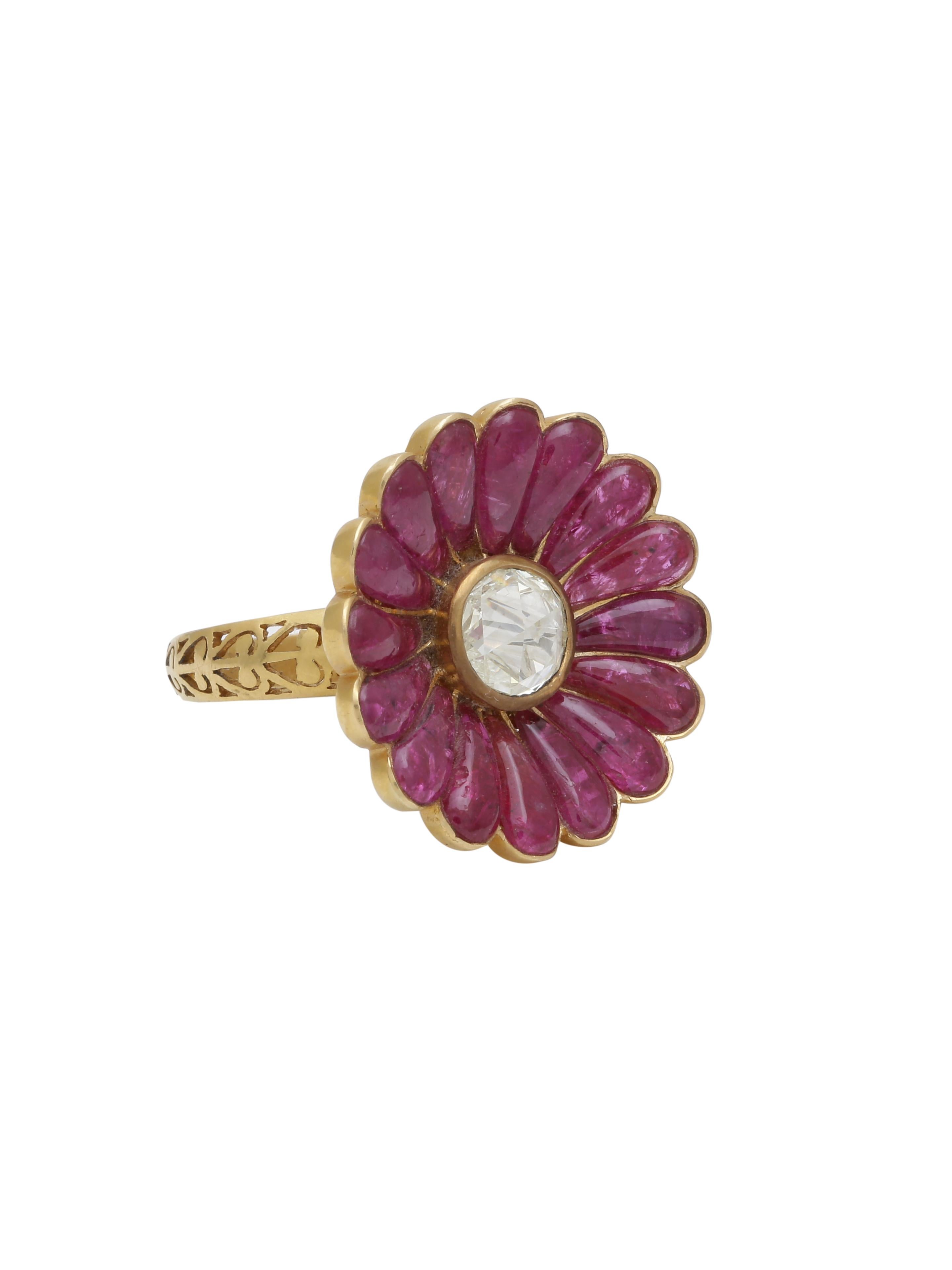Ruby and Diamond Flower Cocktail Ring Handcrafted in 18 Karat Yellow ...