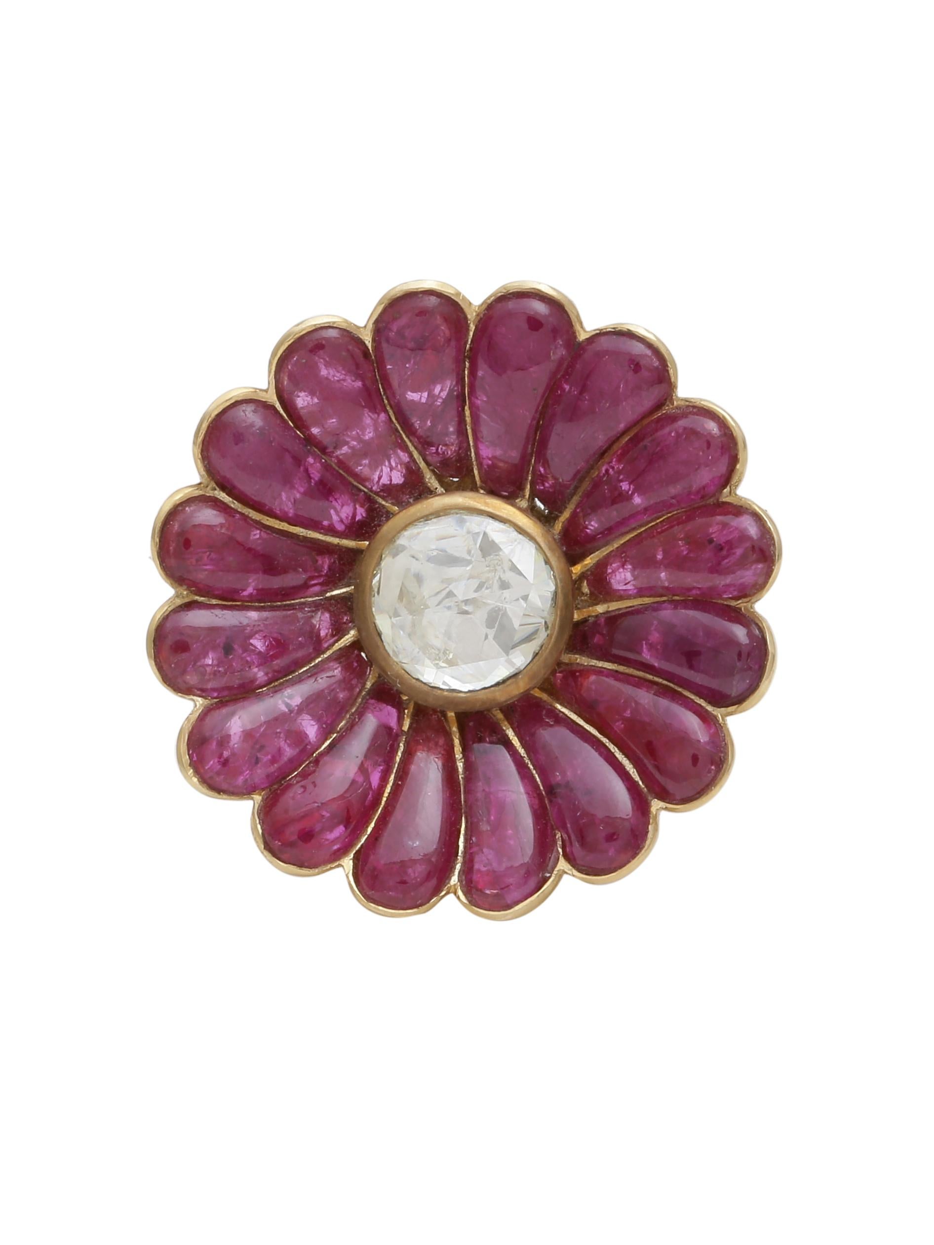 Round Cut Ruby and Diamond Flower Cocktail Ring Handcrafted in 18 Karat Yellow Gold For Sale