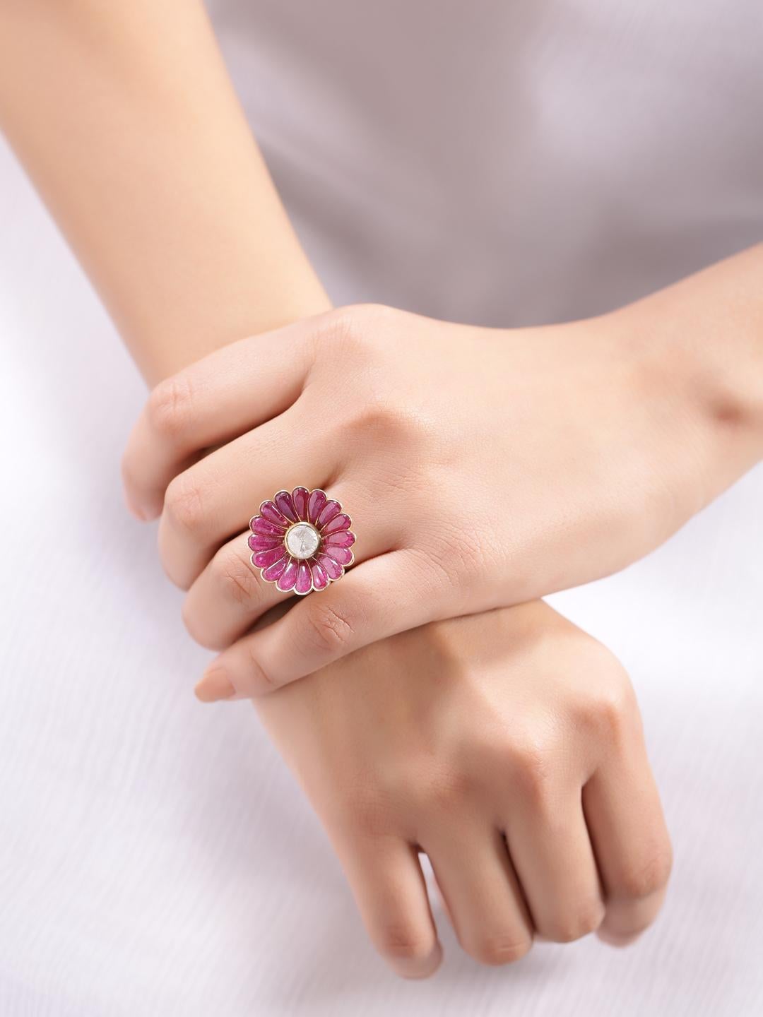 Ruby and Diamond Flower Cocktail Ring Handcrafted in 18 Karat Yellow Gold In New Condition For Sale In Jaipur, IN
