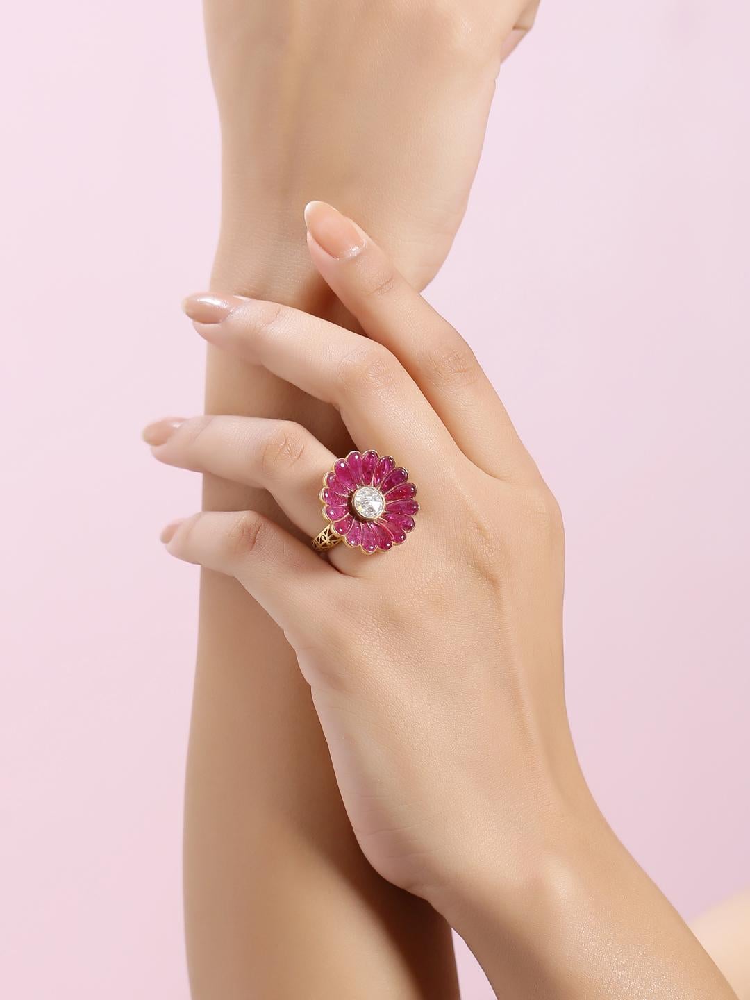 Women's Ruby and Diamond Flower Cocktail Ring Handcrafted in 18 Karat Yellow Gold For Sale