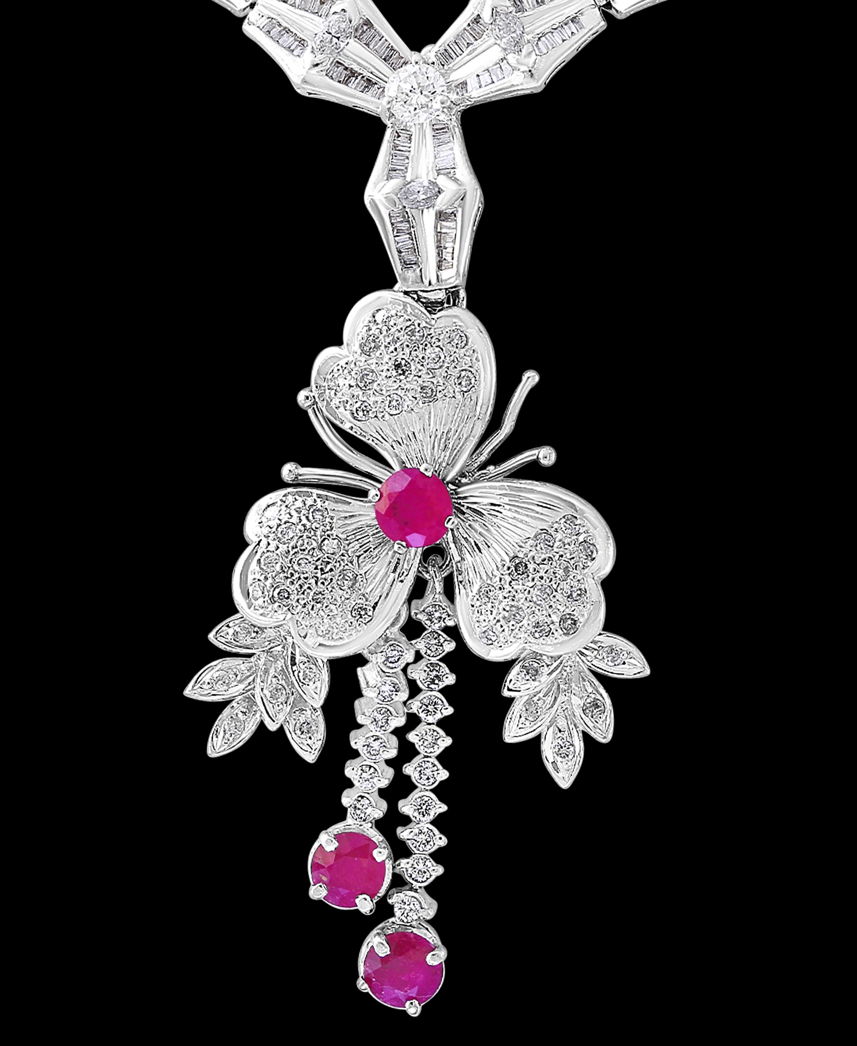Round Cut Ruby and Diamond Flower Drop Necklace 14 Karat White Gold For Sale