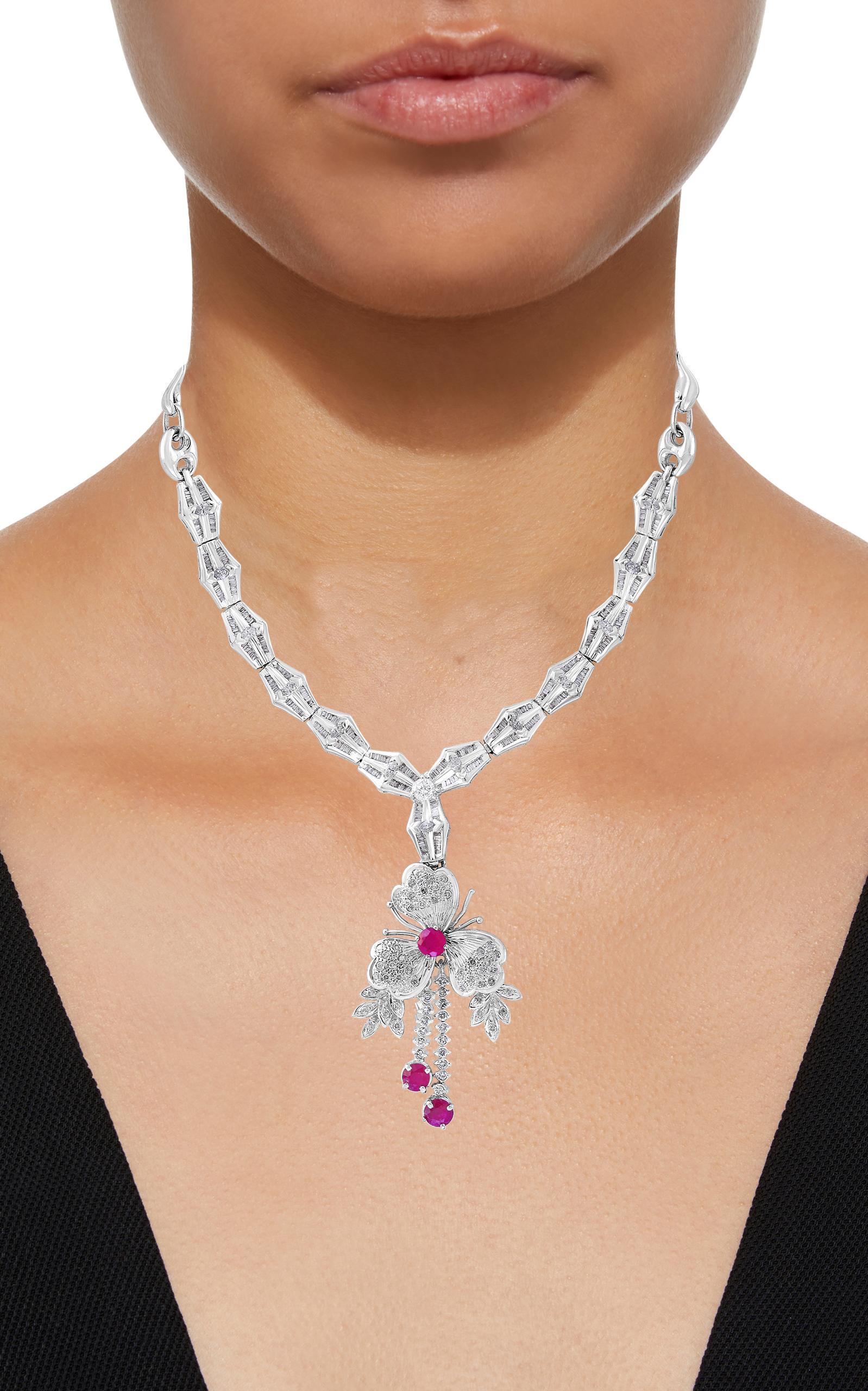 Women's Ruby and Diamond Flower Drop Necklace 14 Karat White Gold For Sale