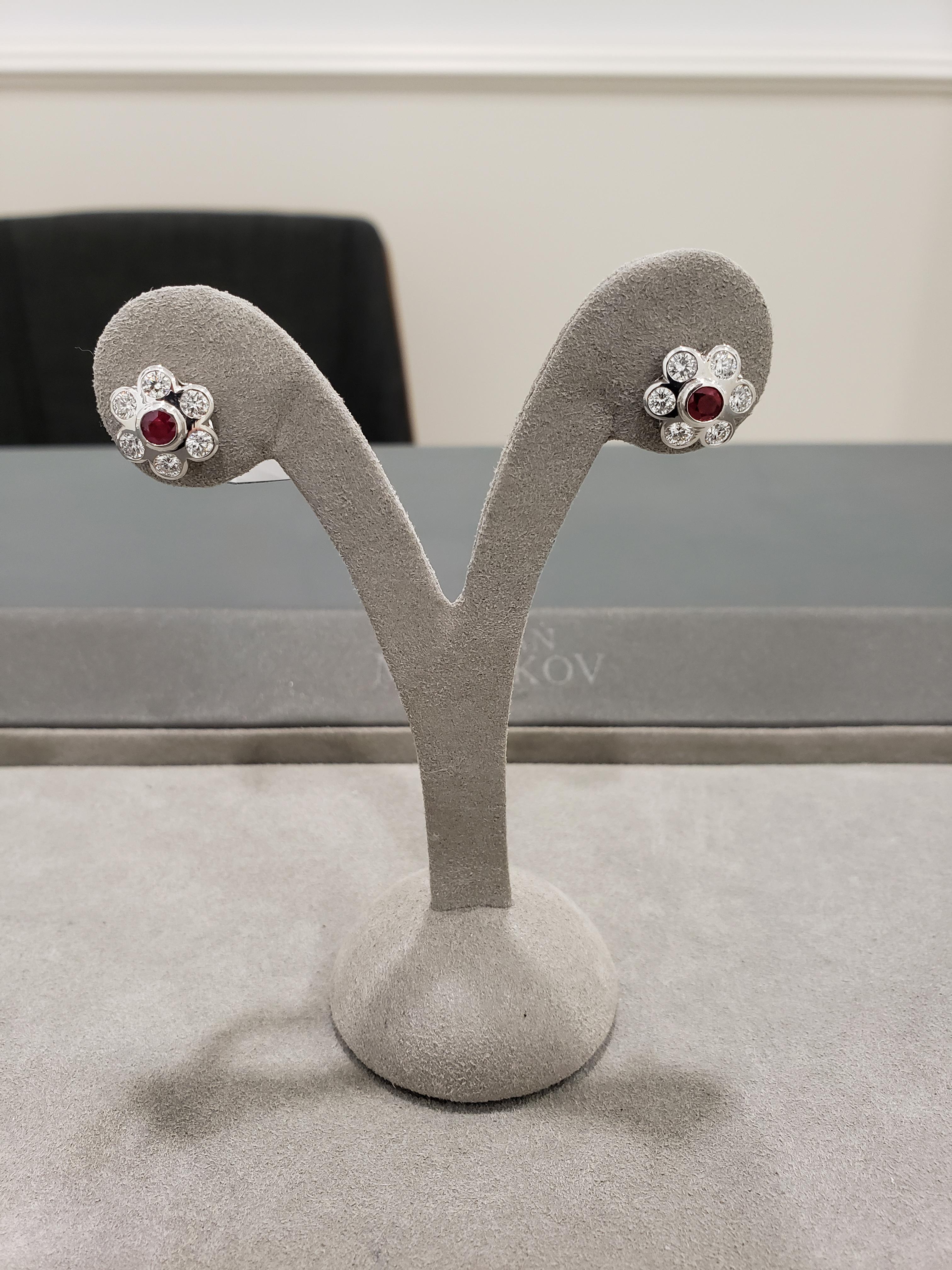 Round Cut Roman Malakov 2.07 Carats Total Ruby and Diamond Flower Earrings in White Gold For Sale