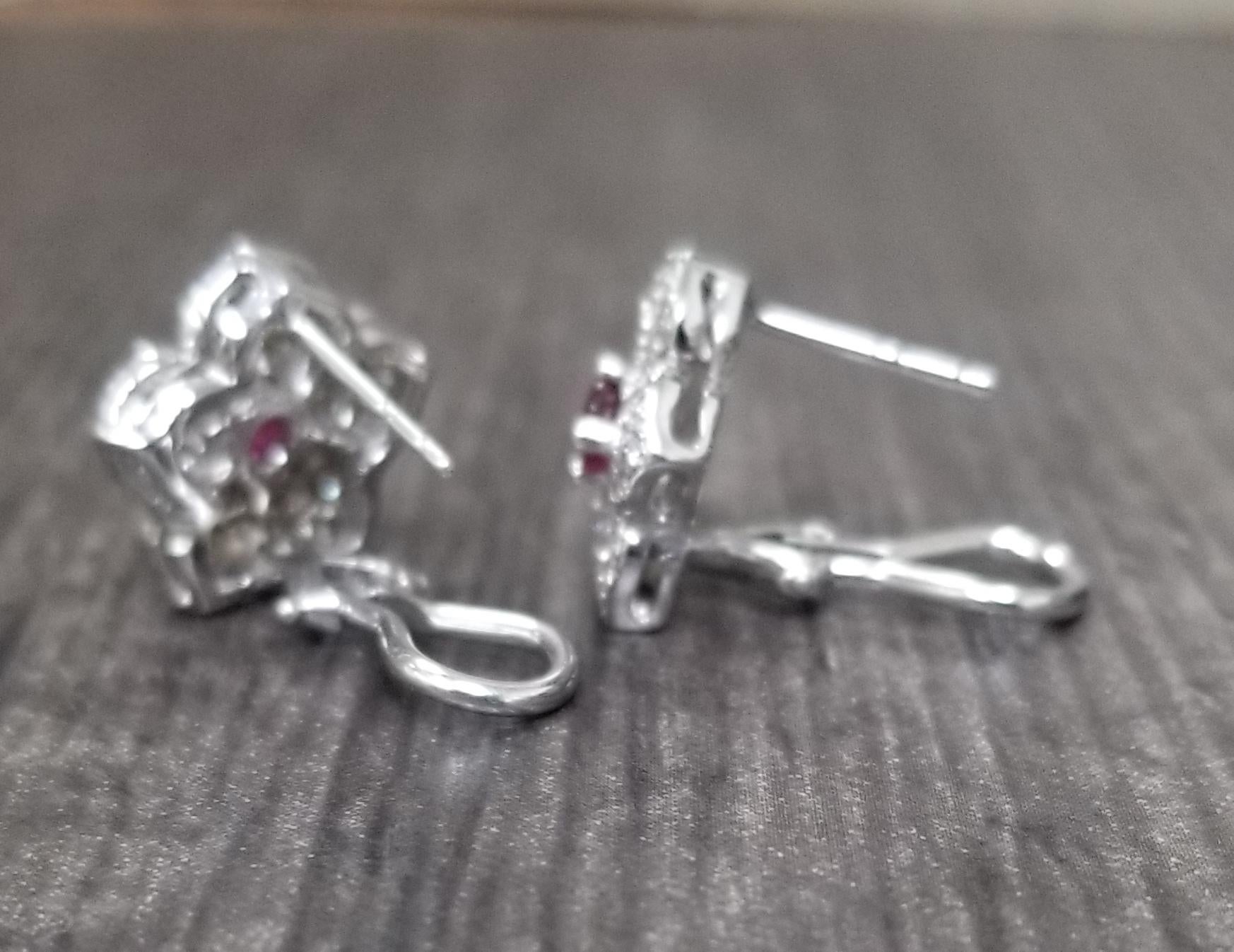 Art Deco Ruby and Diamond Flower Earrings For Sale