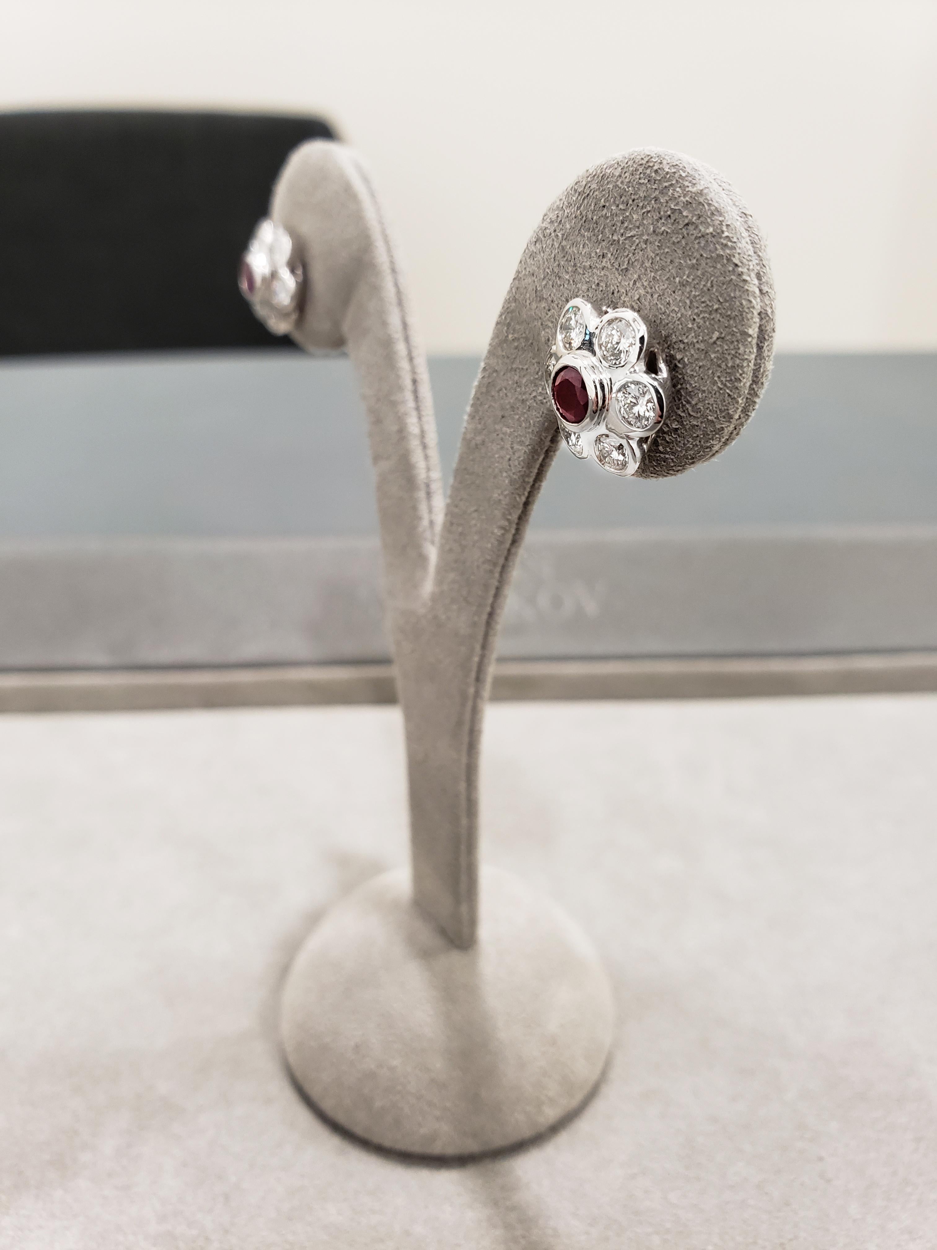 Roman Malakov 2.07 Carats Total Ruby and Diamond Flower Earrings in White Gold In New Condition For Sale In New York, NY