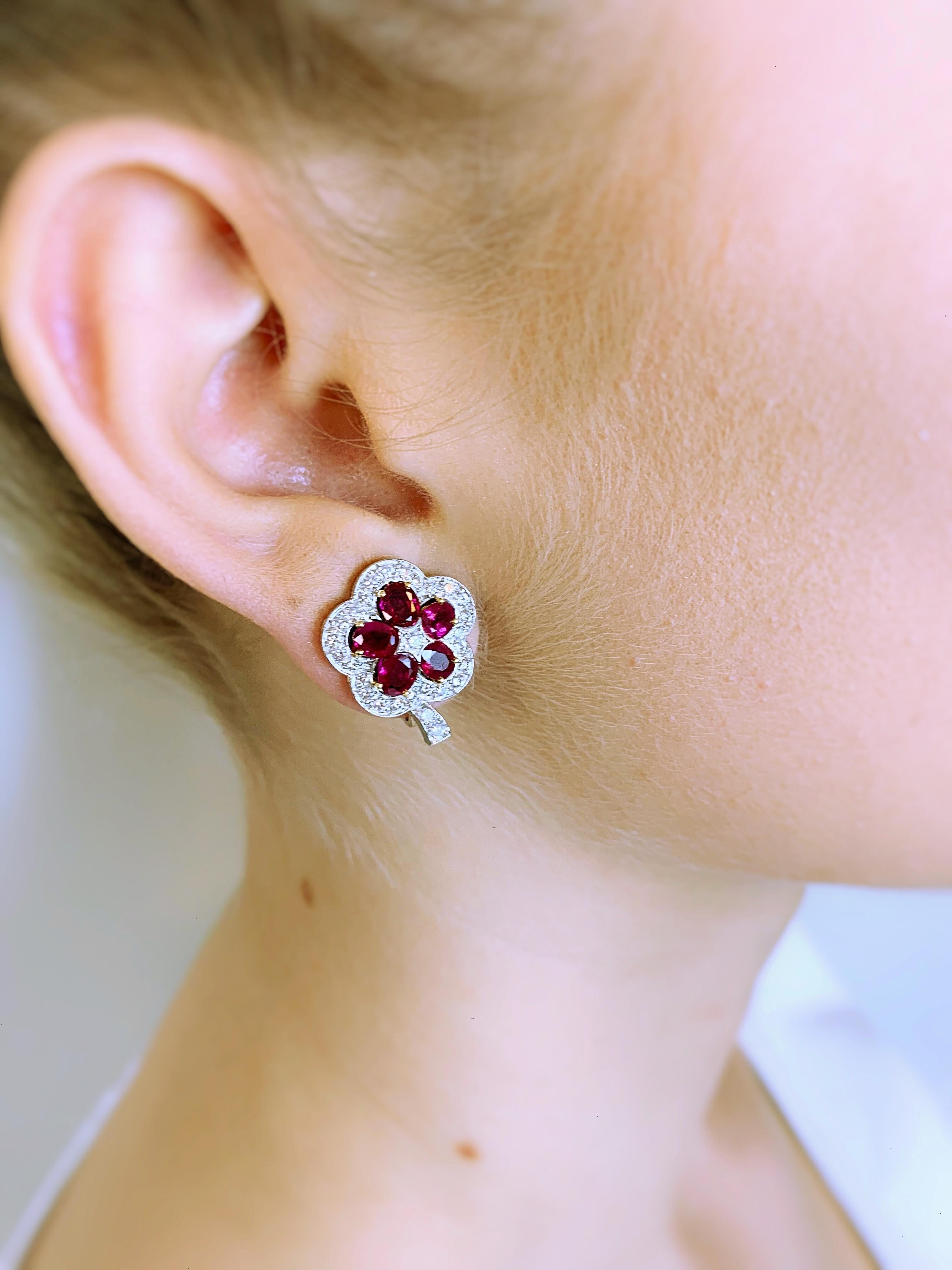 Contemporary Ruby and Diamond Flower Earrings For Sale