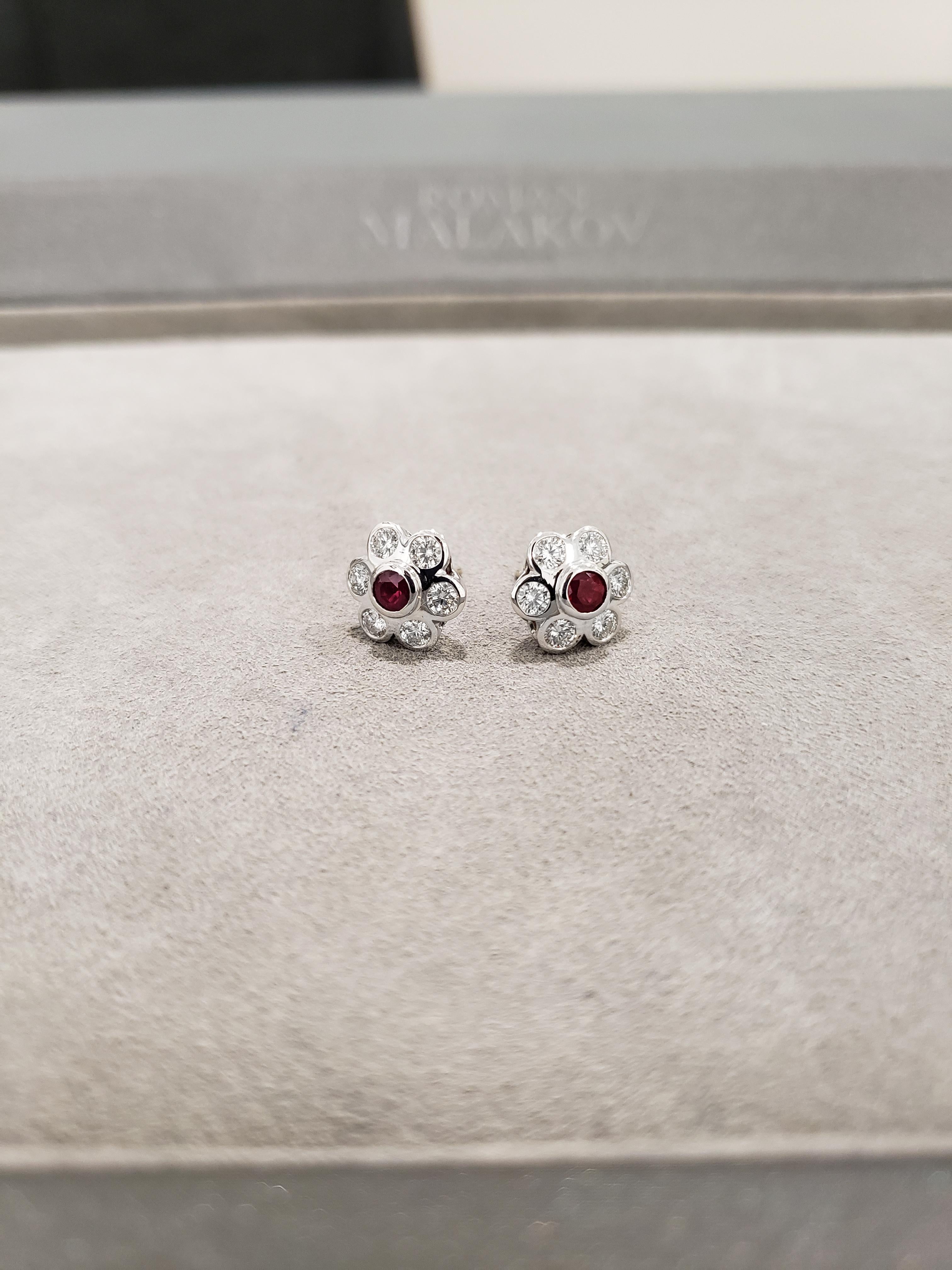 Women's Roman Malakov 2.07 Carats Total Ruby and Diamond Flower Earrings in White Gold For Sale