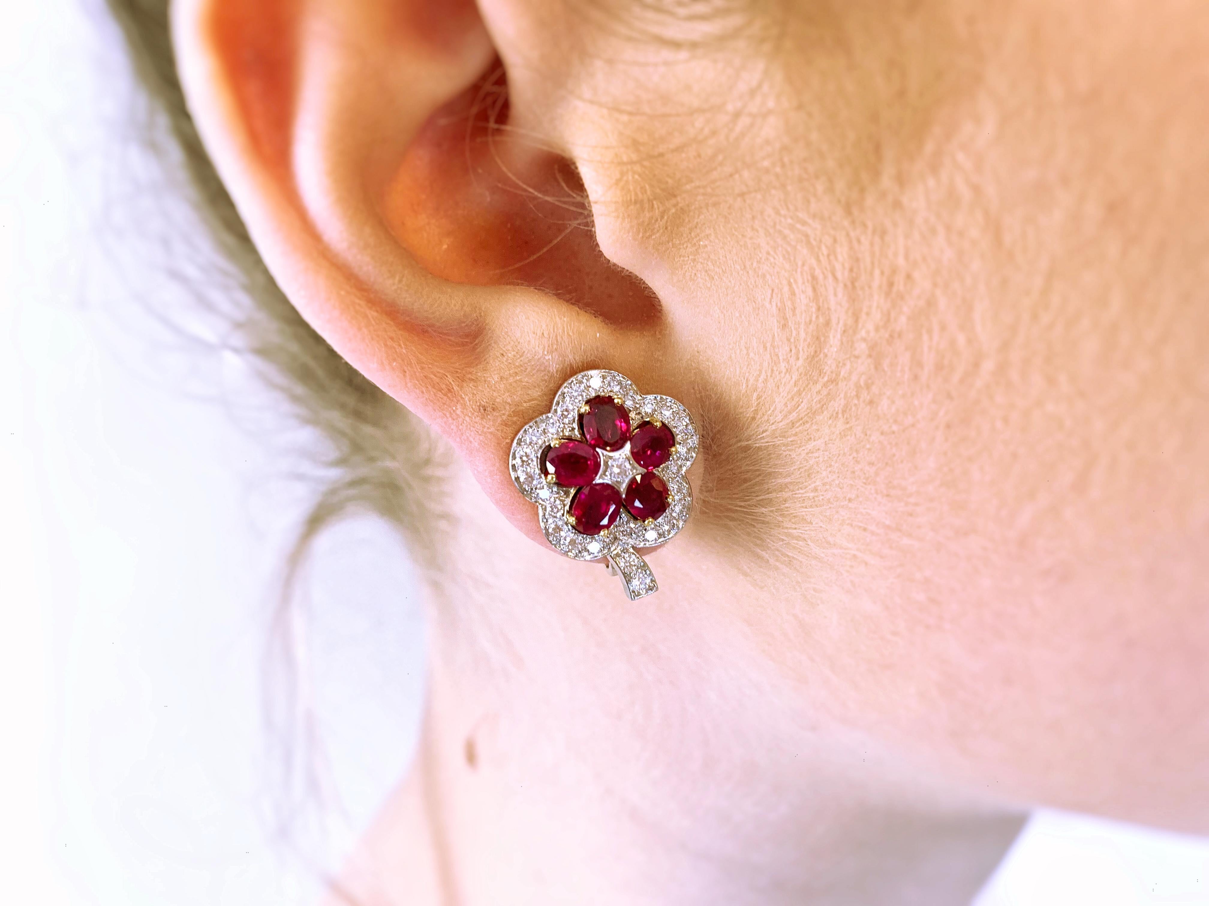 Oval Cut Ruby and Diamond Flower Earrings For Sale