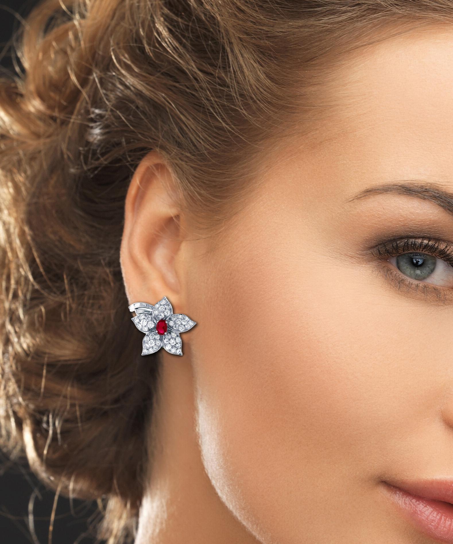 Women's or Men's Ruby and Diamond Flower Earrings For Sale