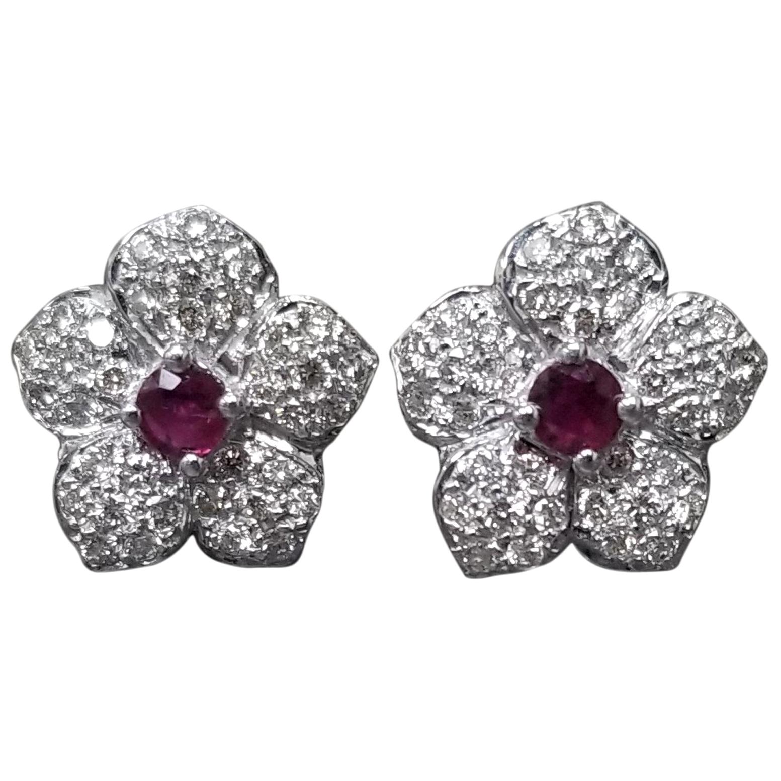 Ruby and Diamond Flower Earrings For Sale