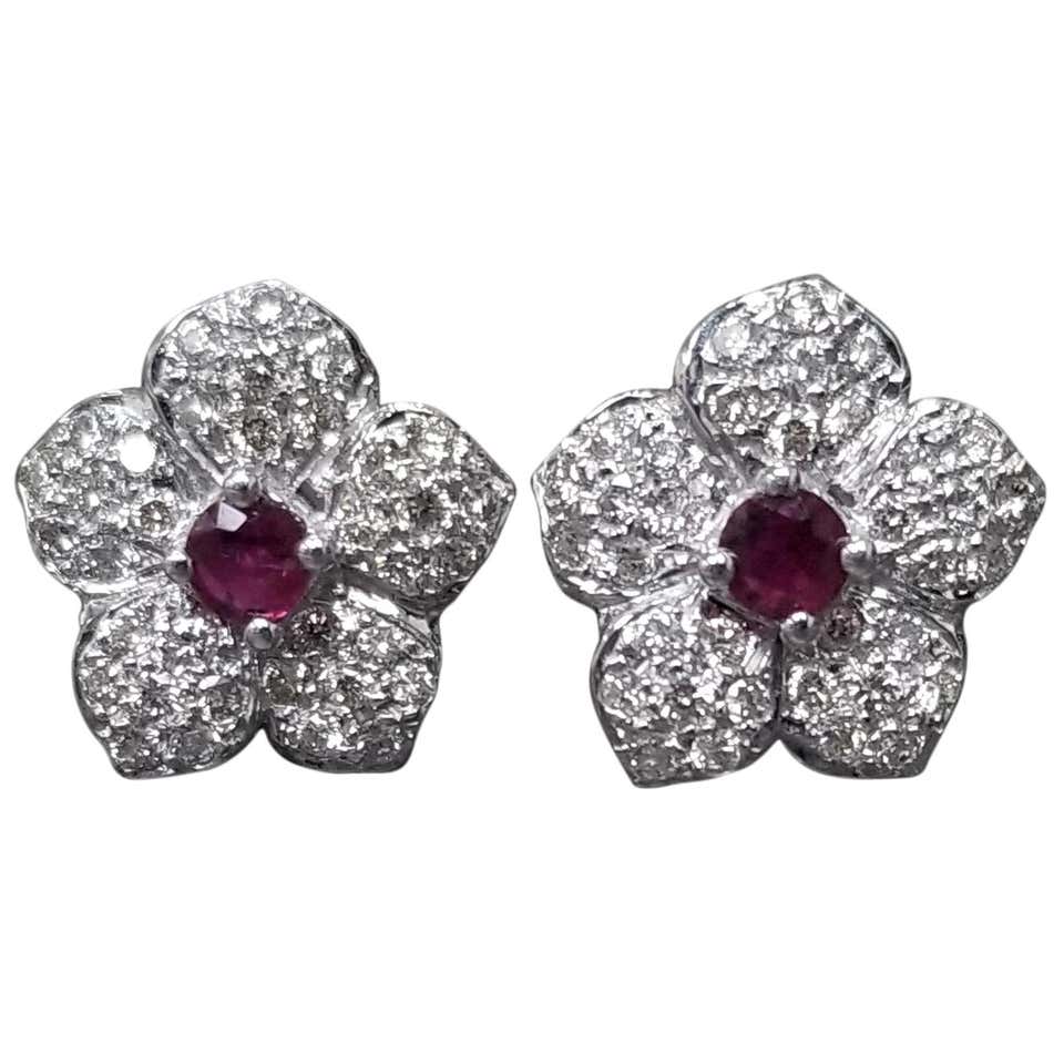 Ruby Posts With Red GIA Certified Red Natural Ruby Diamond Gold Clip Post Flower Earrings ...