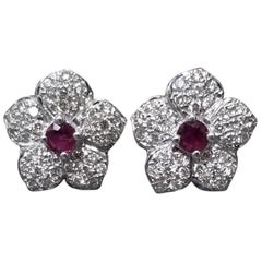 Used Ruby and Diamond Flower Earrings