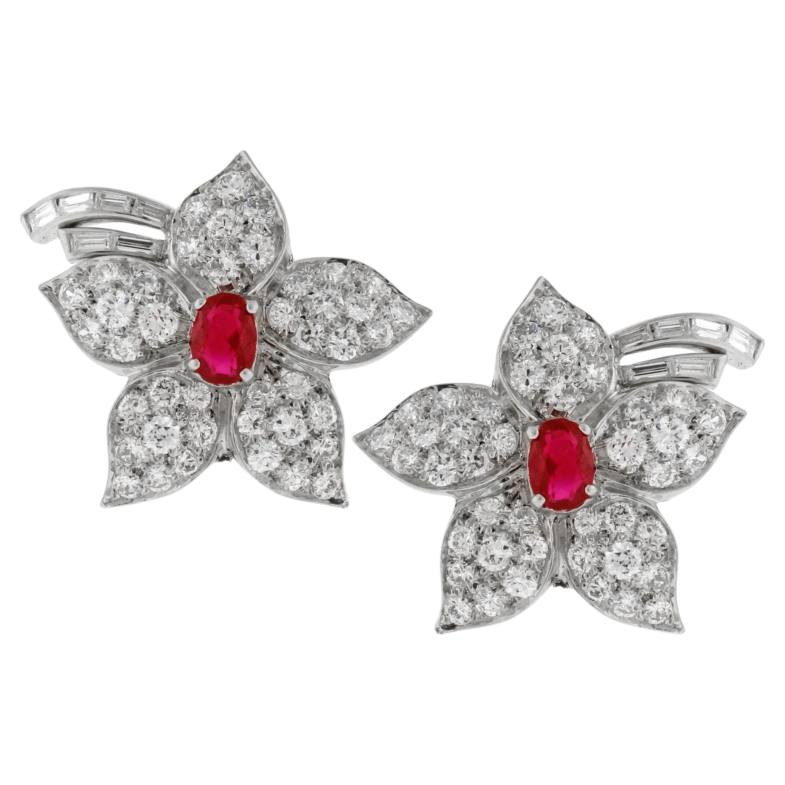 Ruby and Diamond Flower Earrings For Sale