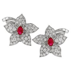 Vintage Ruby and Diamond Flower Earrings