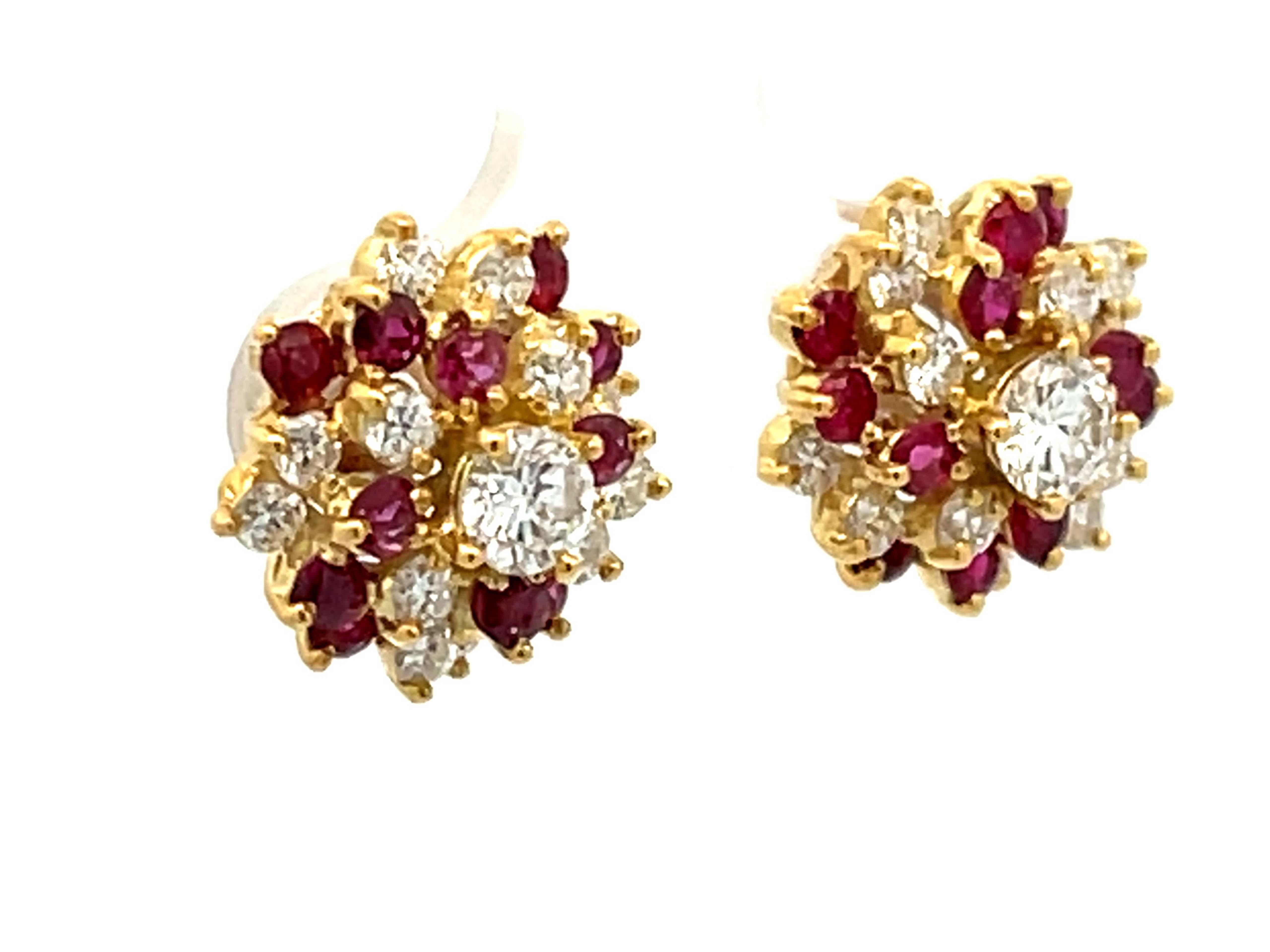 Modern Ruby and Diamond Flower Earrings in 14k Yellow Gold For Sale