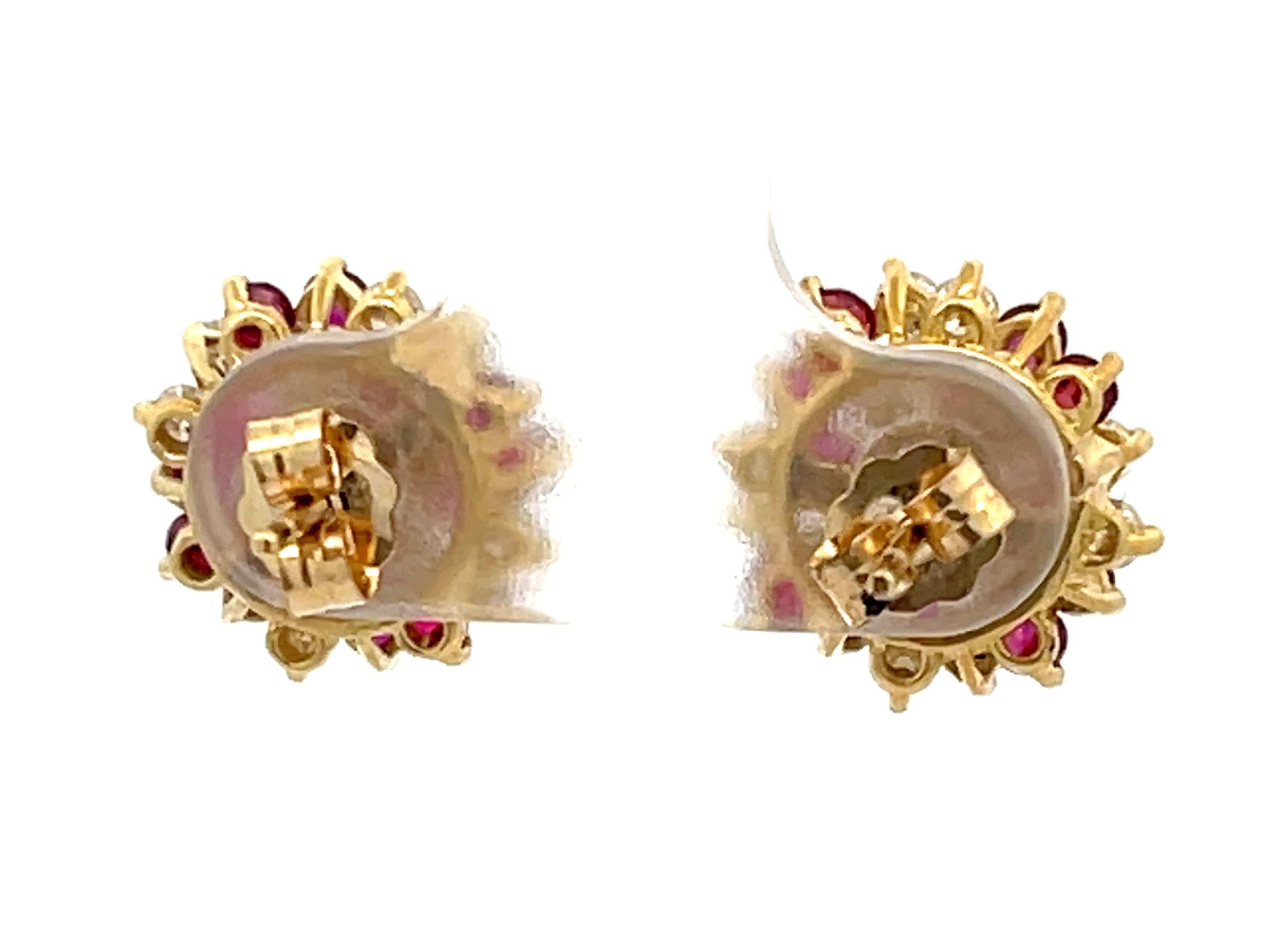 Women's Ruby and Diamond Flower Earrings in 14k Yellow Gold For Sale