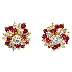 Ruby and Diamond Flower Earrings in 14k Yellow Gold
