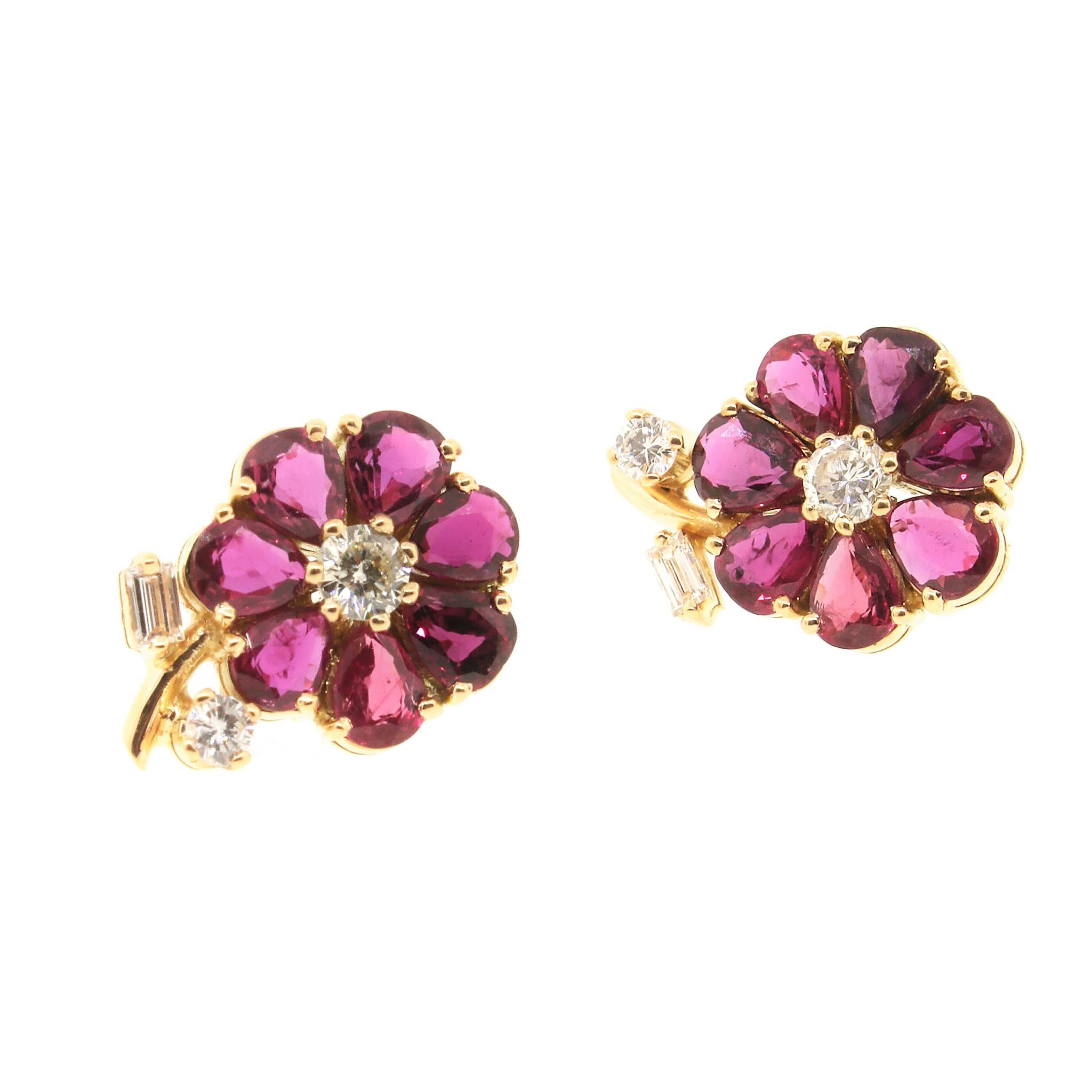Mixed Cut Ruby and Diamond Flower Gold Studs Earrings For Sale