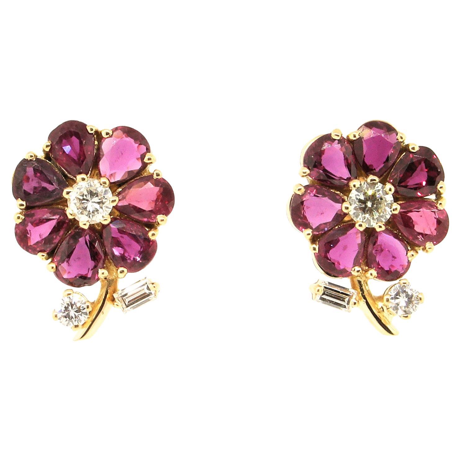 Ruby and Diamond Flower Gold Studs Earrings For Sale