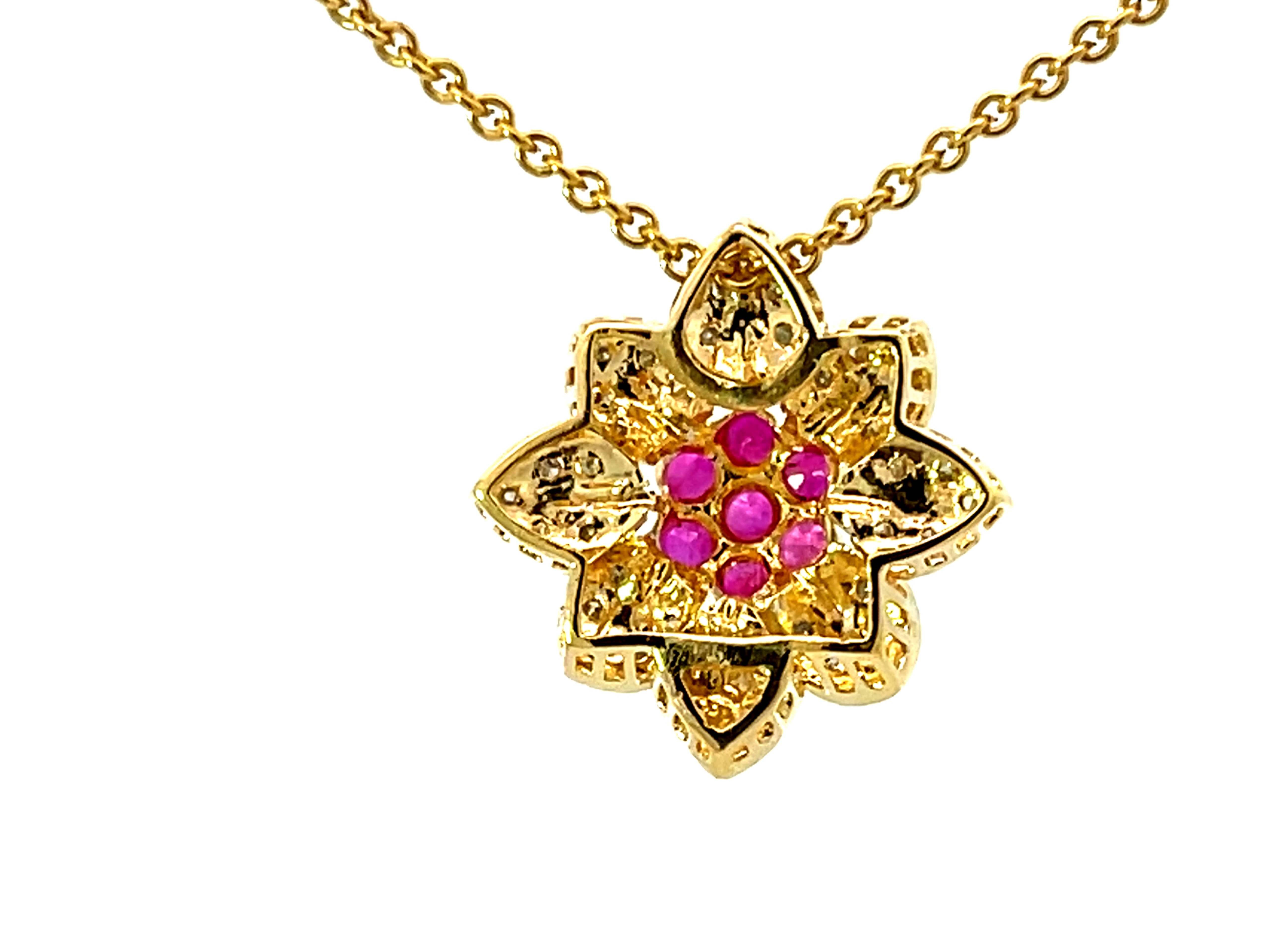Ruby and Diamond Flower Necklace Solid 18k Yellow Gold For Sale 1