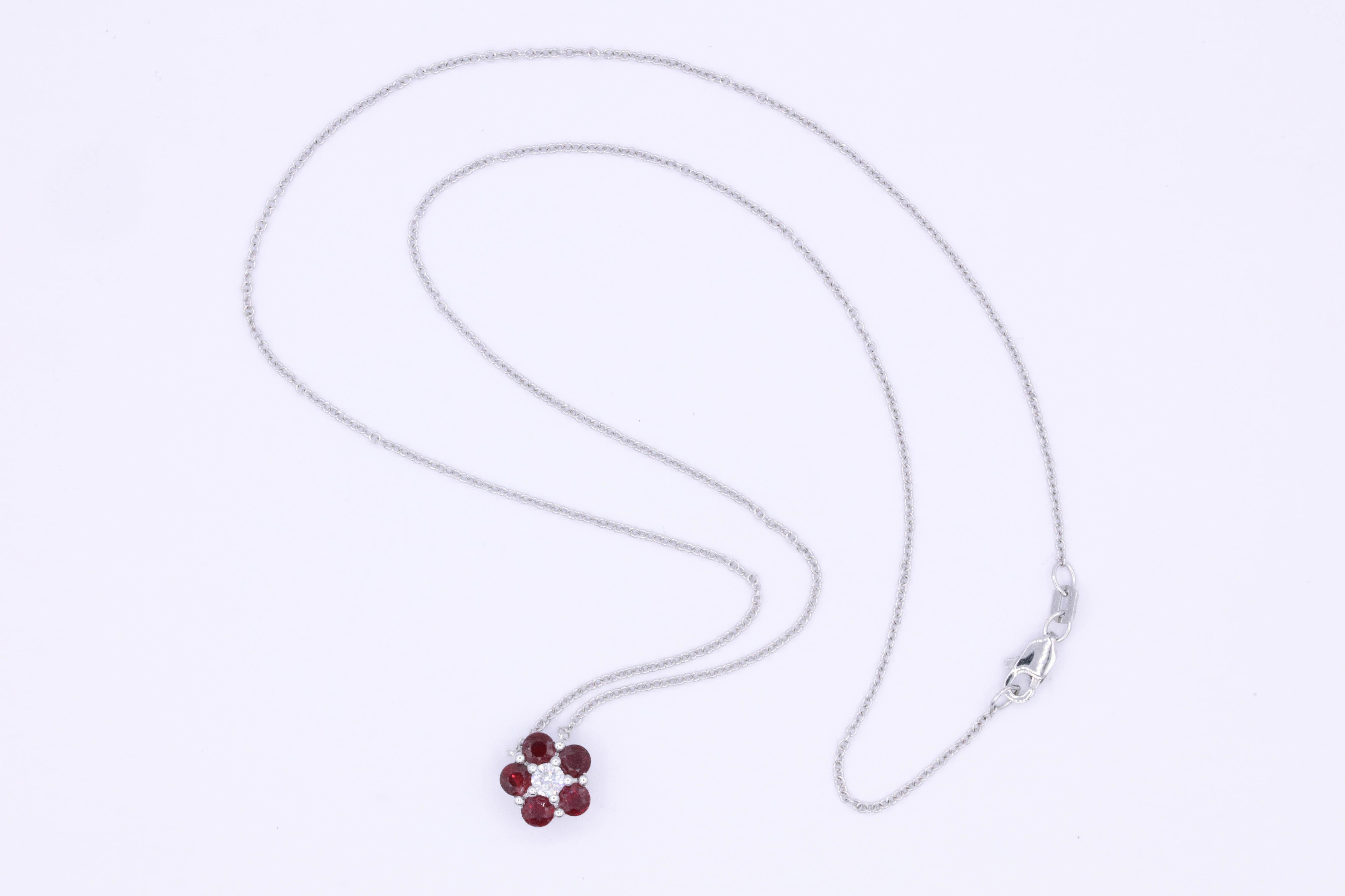 Round Cut Ruby and Diamond Flower Pendant