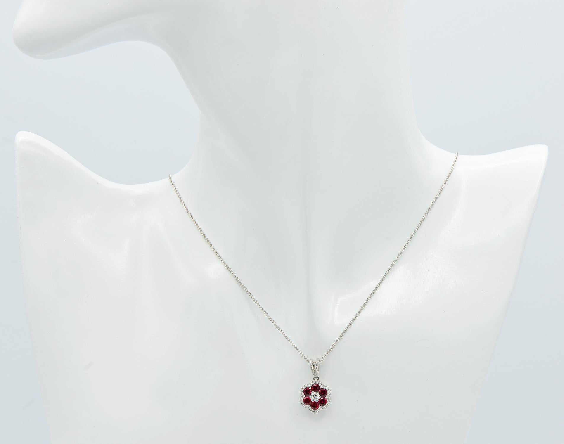 Round Cut Ruby and Diamond Flower Pendant For Sale