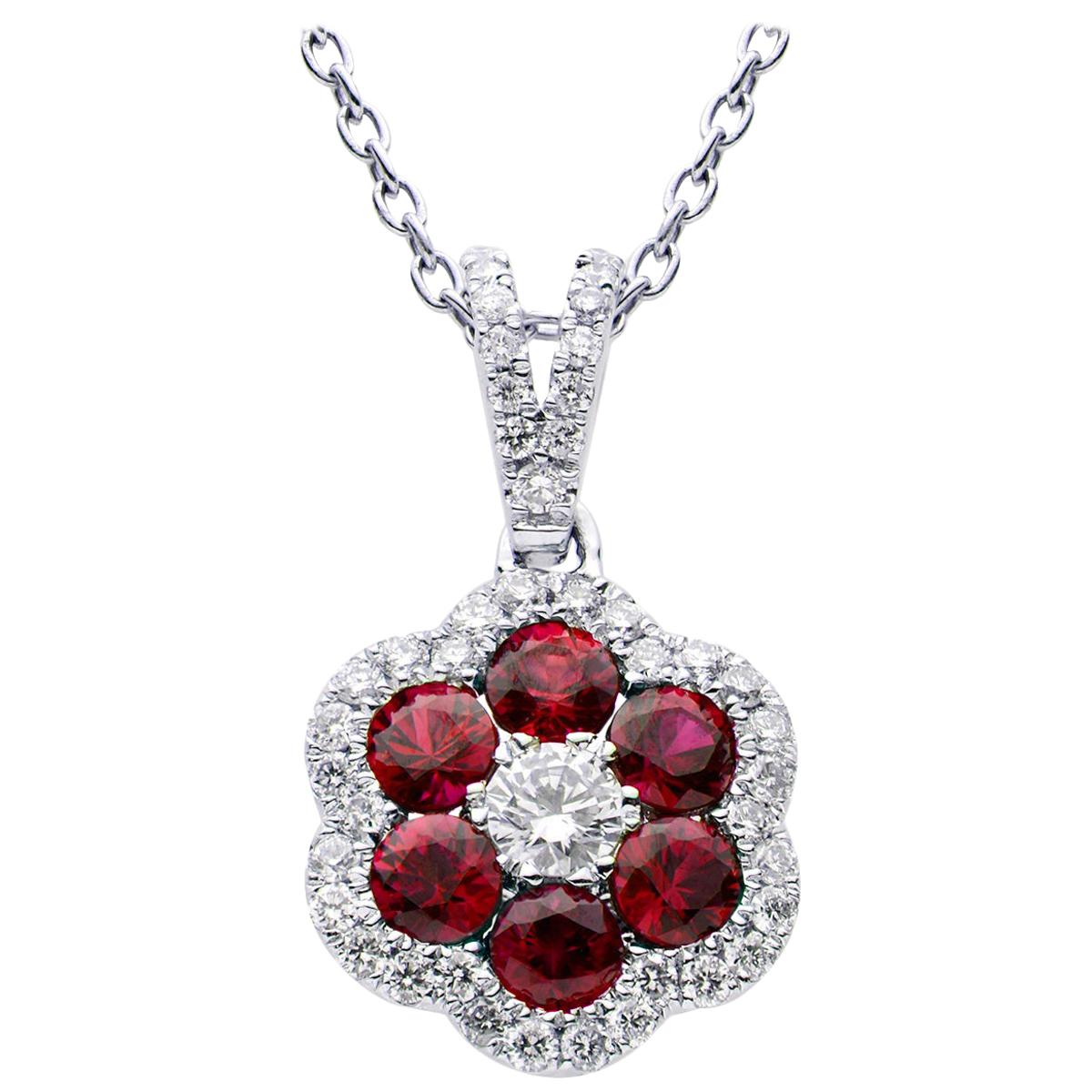 Ruby and Diamond Flower Pendant For Sale