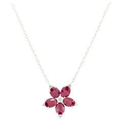 Ruby and Diamond Flower Pendant Necklace 18 Karat In Stock