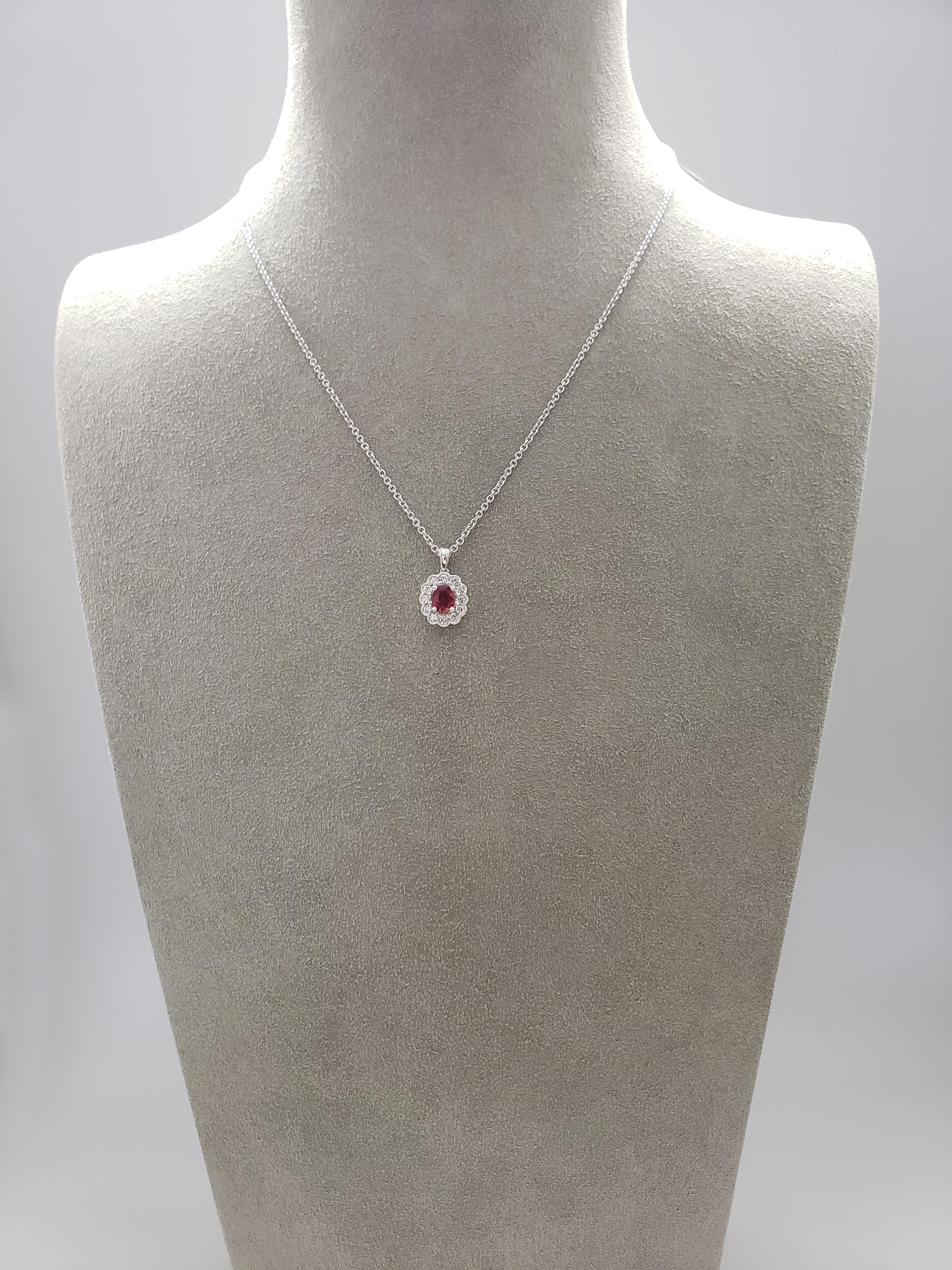 Roman Malakov 0.65 Carat Oval Cut Ruby with Diamond Halo Pendant Necklace In New Condition For Sale In New York, NY