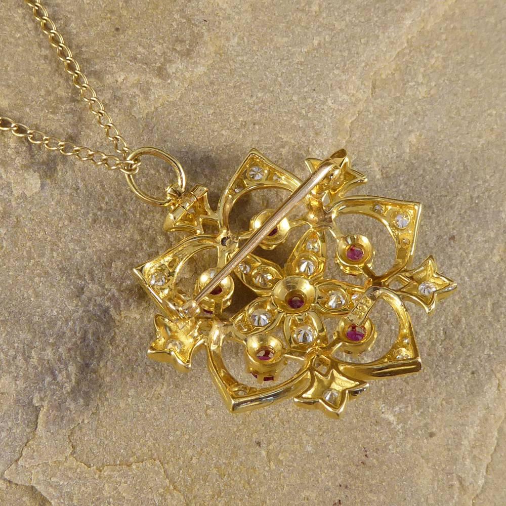 Ruby and Diamond Flower Pendant on 9 Carat Yellow Gold Chain In Good Condition In Yorkshire, West Yorkshire
